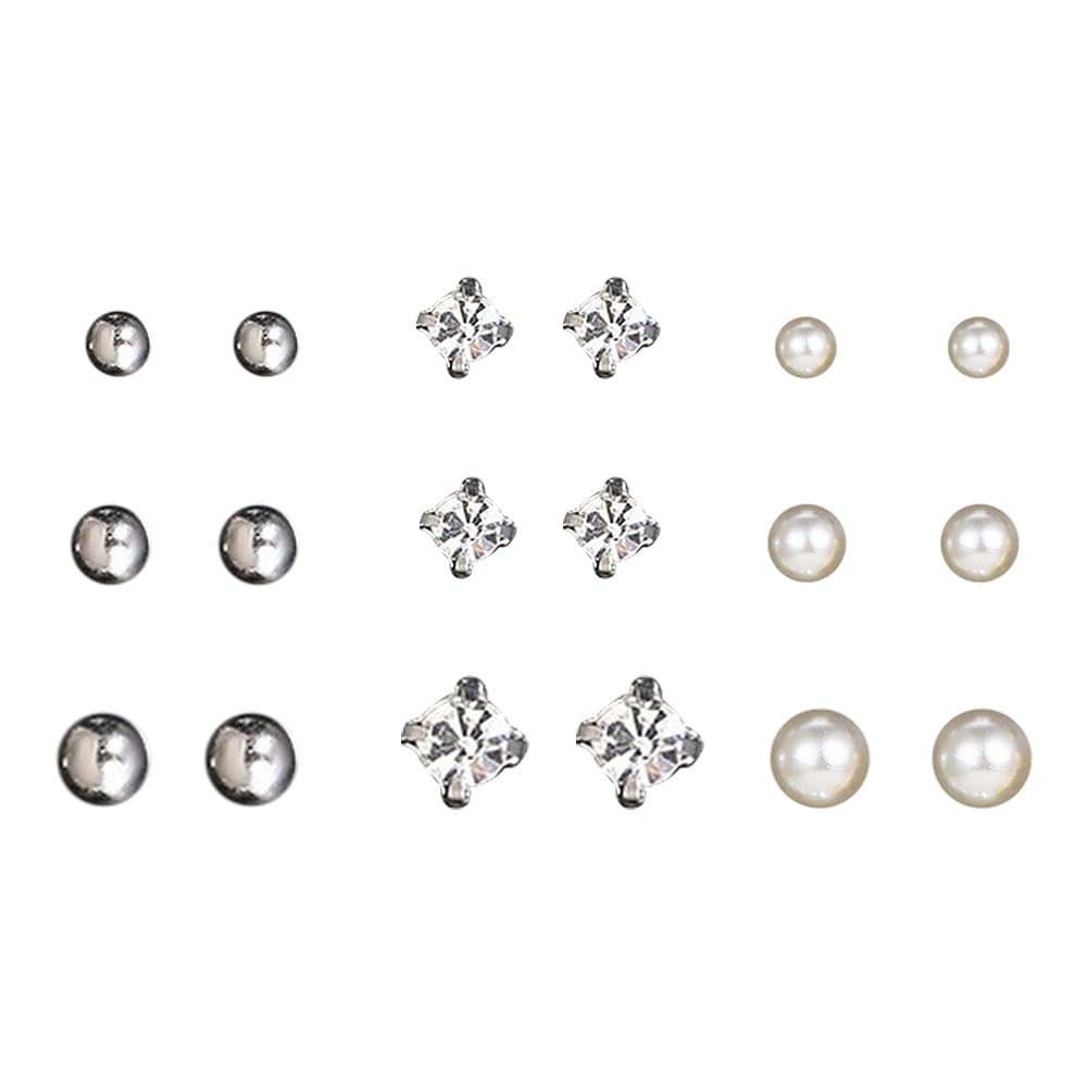 Hypoallergenic CZ Stud Pearl Earrings for Women & Girls - 9 Pairs Silver Jewelry Set for Birthday, Christmas, Party Gifts | Perfect for Weddings, Date Nights & Special Occasions
