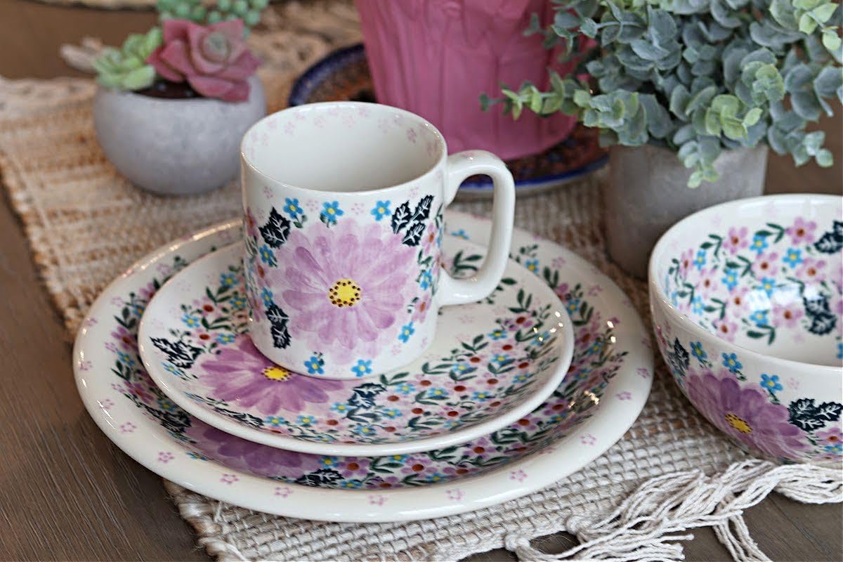 Handmade Blue Rose Polish Pottery Lilac Garden Dinner Plate - Elegant Floral Design for Dining, Home Decor & Special Occasions