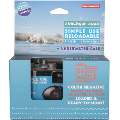 Lomography Analogue Aqua Color Negative 400 Simple Use Disposable Film Camera with Waterproof Case - 27 Exposures for Underwater Photography, Beach Vacations & Travel Adventures