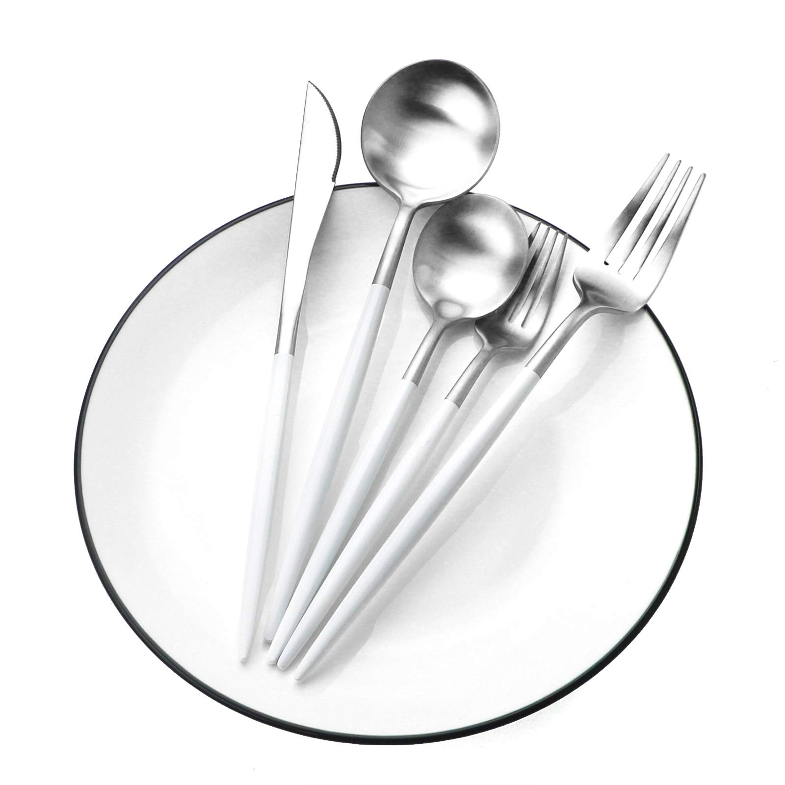 Premium 20-Piece Matte White Handle 18/10 Stainless Steel Flatware Set for 4 - Includes Forks, Spoons & Knives - Elegant Dining & Camping Silverware - Perfect for Home, Travel & Outdoor Use (White Silver)