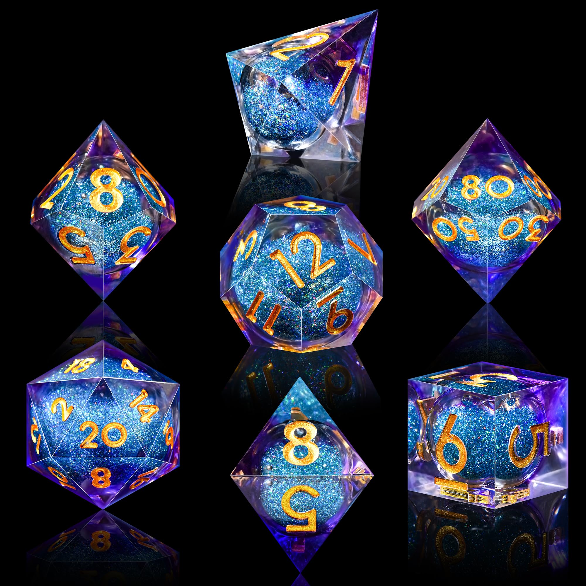 AUSTOR Liquid Core Resin DND Dice Set - 7-Piece Sharp Edge Polyhedral Dice for Dungeons & Dragons, RPG, MTG - Quicksand Handmade Violet & Blue Dice - Perfect for Tabletop Gaming, Role-Playing Adventures & Collectors