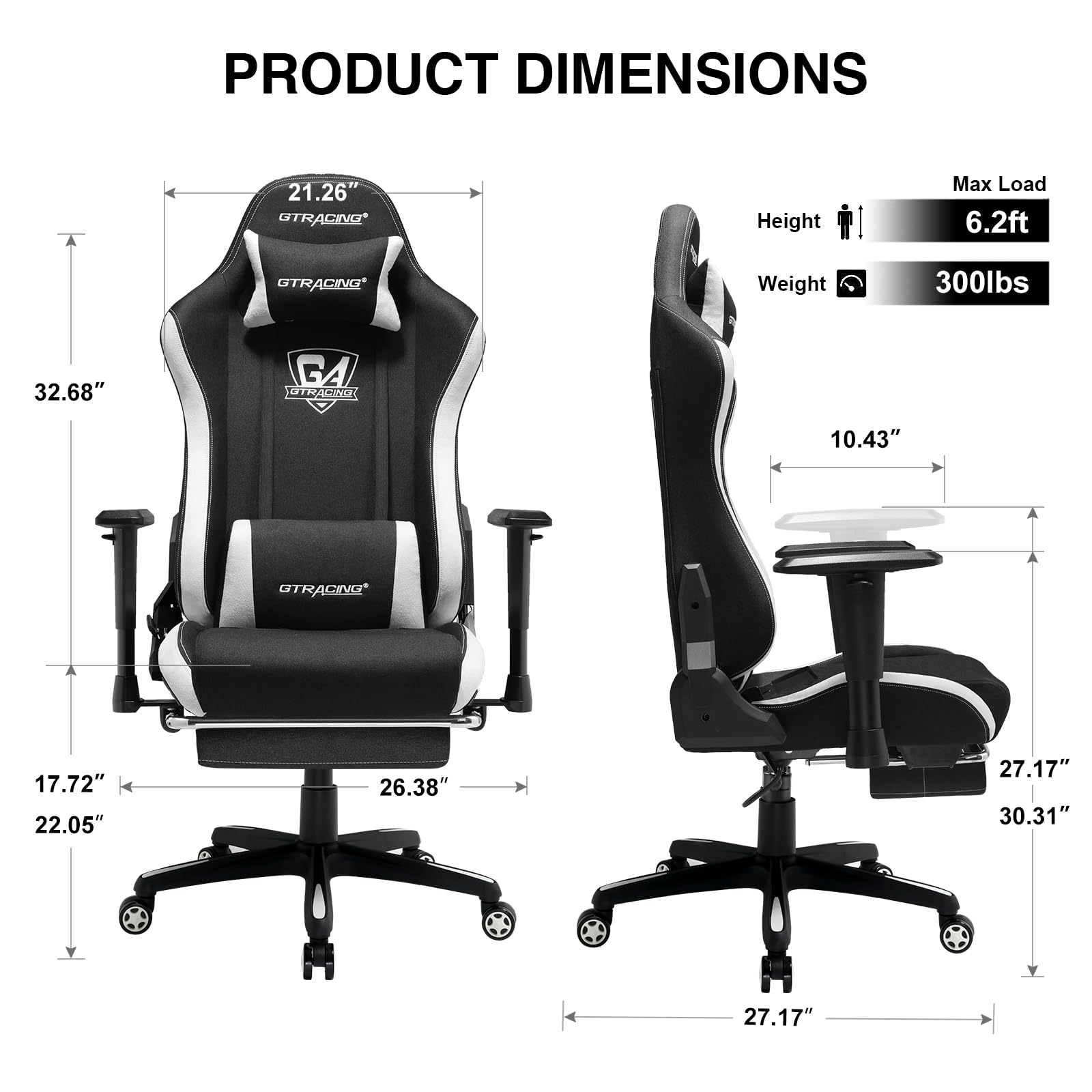 GTRACING Ergonomic Gaming Chair with Footrest - Breathable Fabric Big & Tall Computer Chair, 350 lbs Weight Capacity, Adjustable Lumbar Support & Recliner - High Back Office Gaming Chair for PC & Console Gamers (Black) - Perfect for Long Gaming Sessions, Esports & Home Office Work