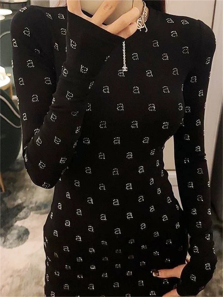 AW Wang Diamond Letter Slim Fit Stretch Black Long Sleeve Mini Dress for Women | Elegant Evening Party Cocktail Dress | Perfect for Night Out, Date Night & Special Occasions