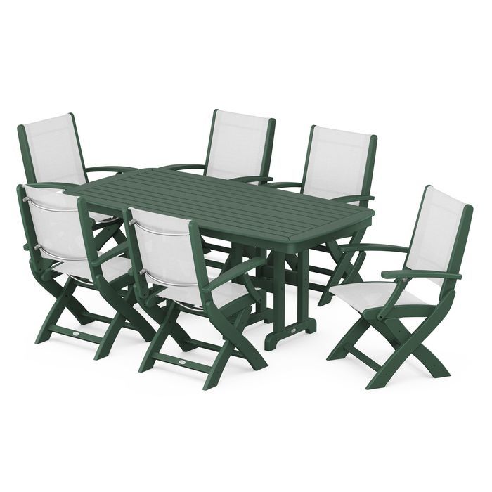 POLYWOOD Coastal Folding Arm Chair 7-Piece Outdoor Dining Set - Perfect for Patio, Deck, Poolside & Beachfront Entertaining