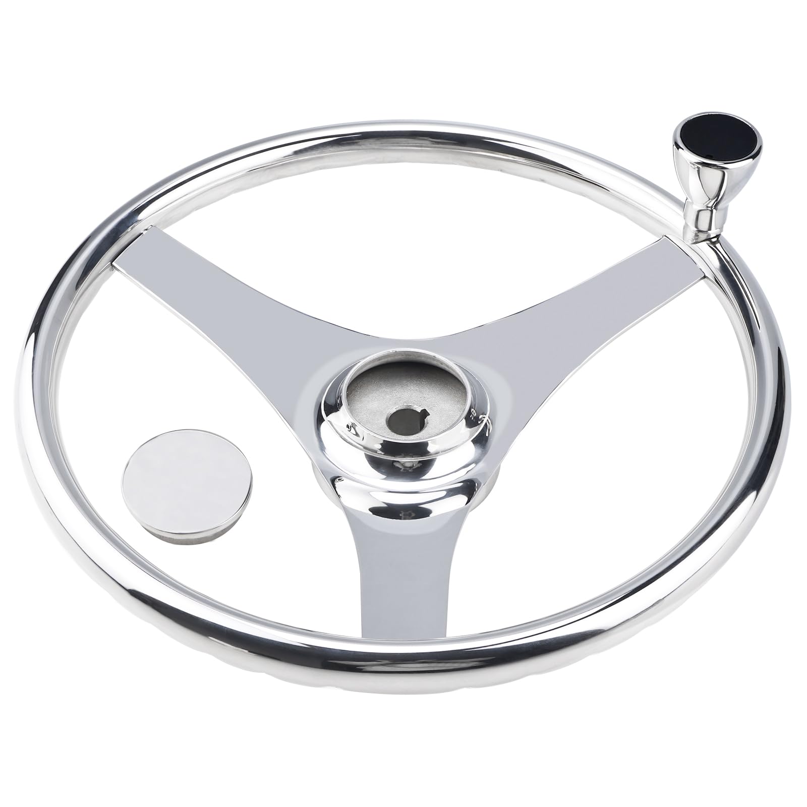 YaeMarine 13.5 Inch Stainless Steel Marine Boat Steering Wheel - 3 Spoke Sports Design with Finger Grips, Control Knob & Cap | Perfect for Sailboats, Yachts & Powerboats