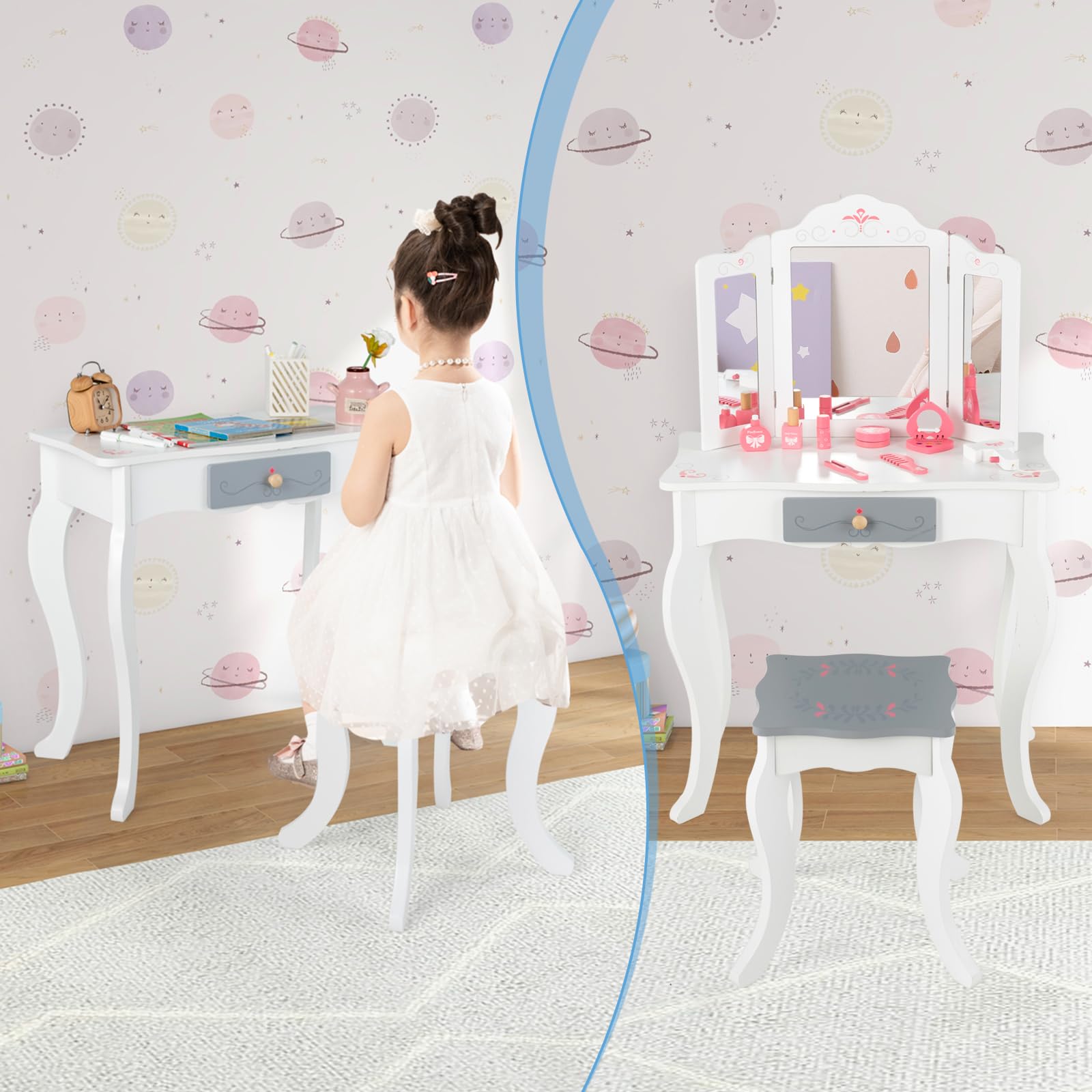 INFANS Kids Vanity Set - 2 in 1 Princess Makeup Table & Chair with Tri-Folding Mirror, 10 Accessories, Wooden Dressing Table for Toddler Girls | Pretend Play, Birthday Gift, Room Decor (White) - Perfect for Dress-Up Games, Role Play & Imaginative Play in Bedroom or Playroom