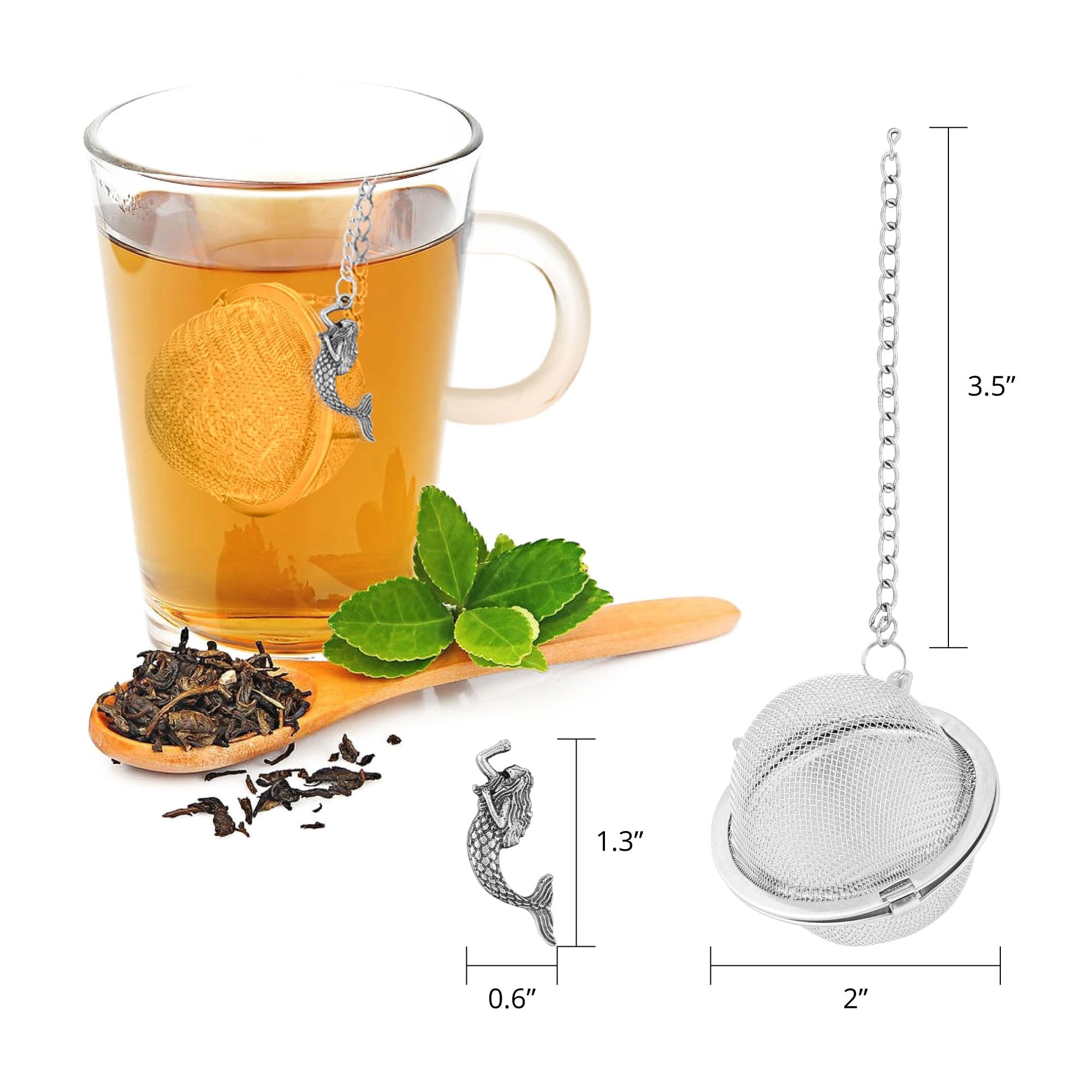 UPware 18/8 Stainless Steel 2 Inch Mesh Tea Ball Infuser with Zinc Alloy Mermaid Charm - Fine Loose Leaf Tea Strainer for Herbal, Green, Black Tea - Perfect for Home, Office & Travel Brewing