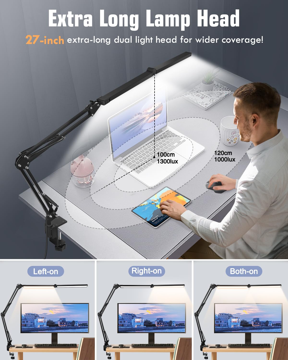Toolour 2-in-1 LED Desk Lamp with Remote Control - Adjustable Double Head Architect Light with Clamp Base, Dimmable Memory Function for Home Office, Workbench, Darkroom & Computer Workspace Lighting