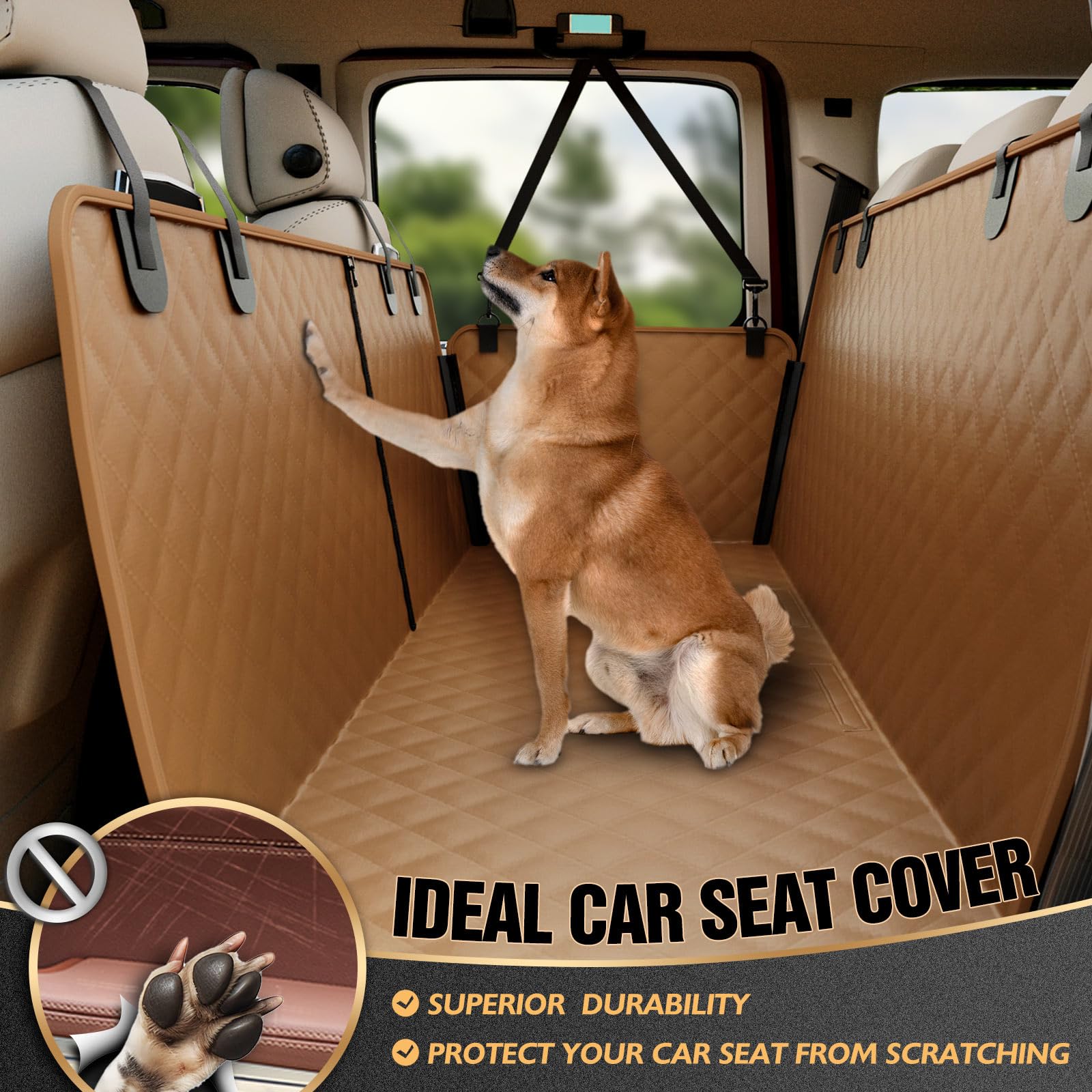 **K KNODEL Waterproof Dog Car Seat Cover - Heavy Duty Scratch Proof Pet Back Seat Protector with Zippered Side Flaps for Cars, Trucks & SUVs (Brown) - Perfect for Travel, Outdoor Adventures & Daily Commutes**