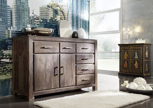 Gfine Solid Sheesham Wood Sideboard - 2 Doors & 6 Drawers, 150x45x88cm - Perfect for Living Room, Dining Room & Hallway Storage