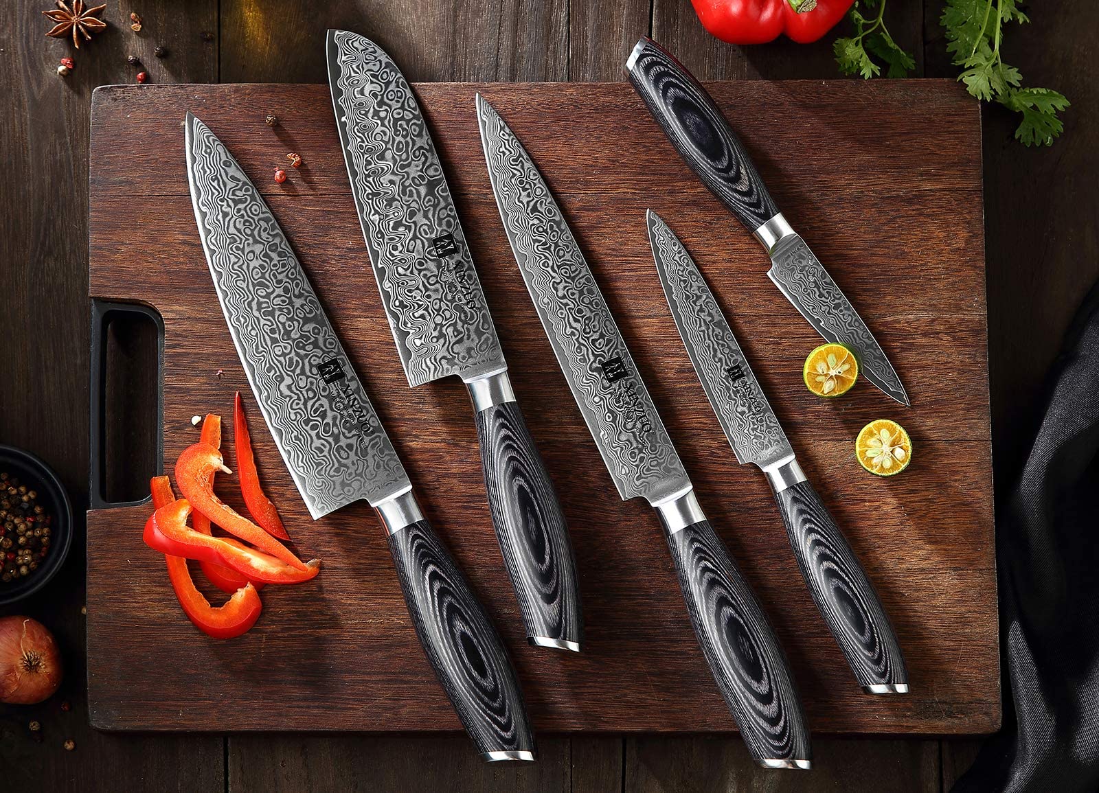 Premium 7-Piece Damascus Steel Chef Knife Set - Japanese Style Kitchen Knives with Pakkawood Handle & Kitchen Shears - Professional & Home Cooking - Gift Box Included - Perfect for Slicing, Dicing & Food Prep