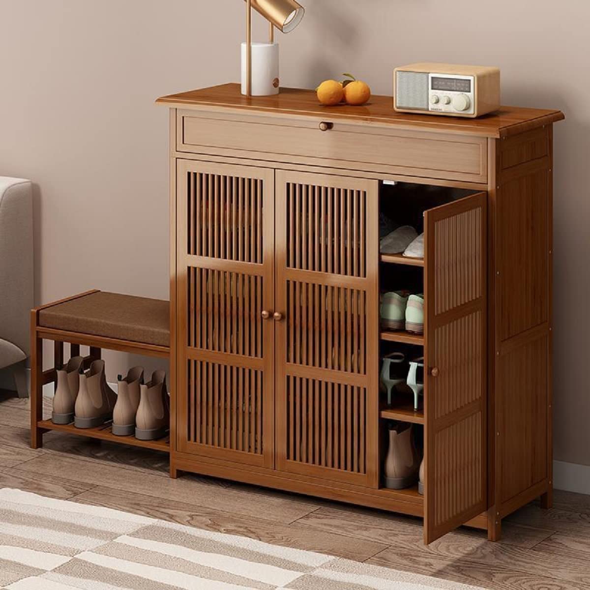 Gdrasuya10 4-Tier Bamboo Shoe Storage Cabinet with Doors - 40 Inch Entryway Shoe Rack Organizer for High Heels, Boots, Sneakers & Slippers - Perfect for Closet, Bedroom & Mudroom Organization