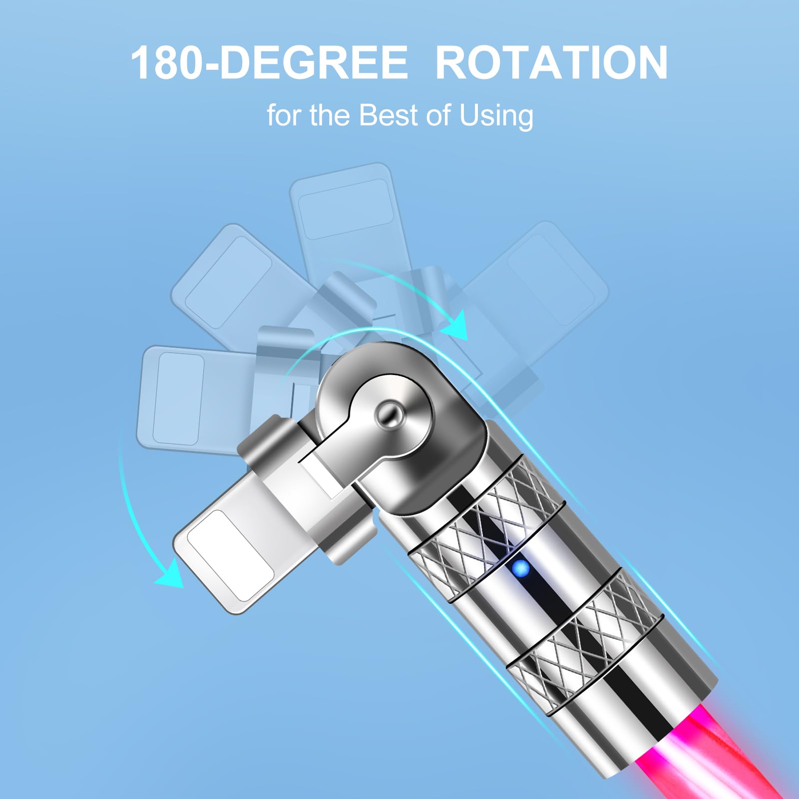 180° Rotating Fast Charging Lightning Cable 2M with LED Flowing Light - USB to Lightning Charger for iPhone 14/13/12/11/Pro Max/XS/XR/8/7/6 & iPad - Perfect for Home, Office & Travel Use