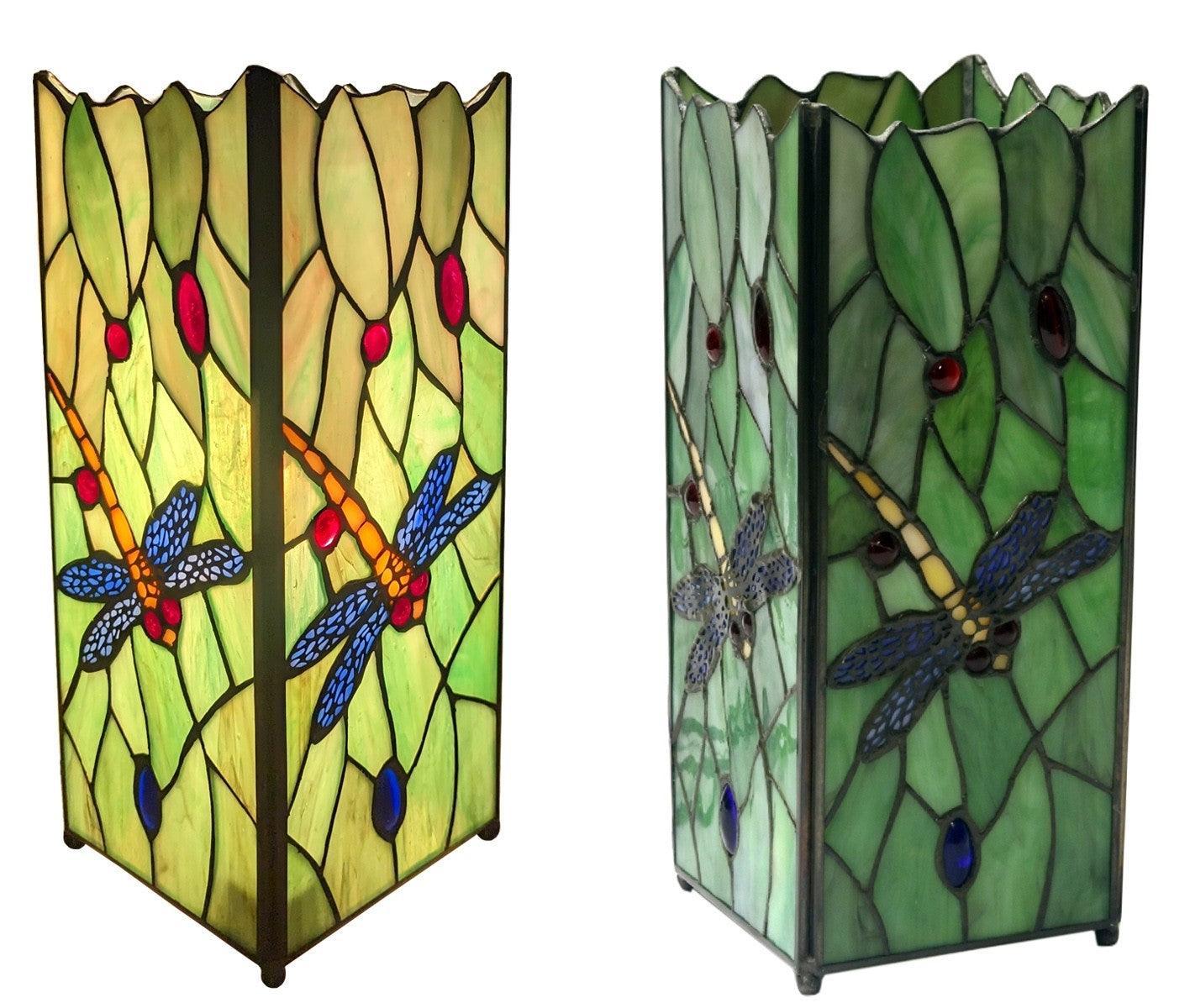 Green Dragonfly Stained Glass Tiffany Lamp - Medium Square Table Lamp for Living Room, Bedroom & Office Decor