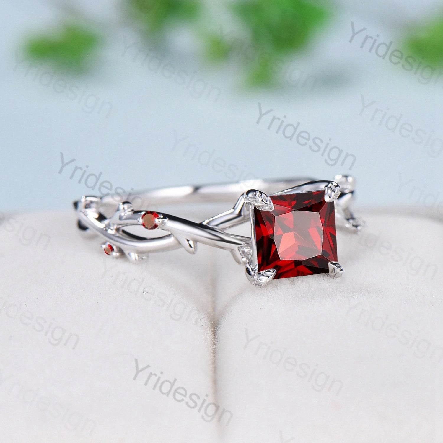 2CT Princess Cut Garnet Engagement Ring - January Birthstone Nature Inspired Wedding Band, Unique Twig Branch Promise Ring for Women, Perfect Gift for Anniversary, Proposal & Special Occasions