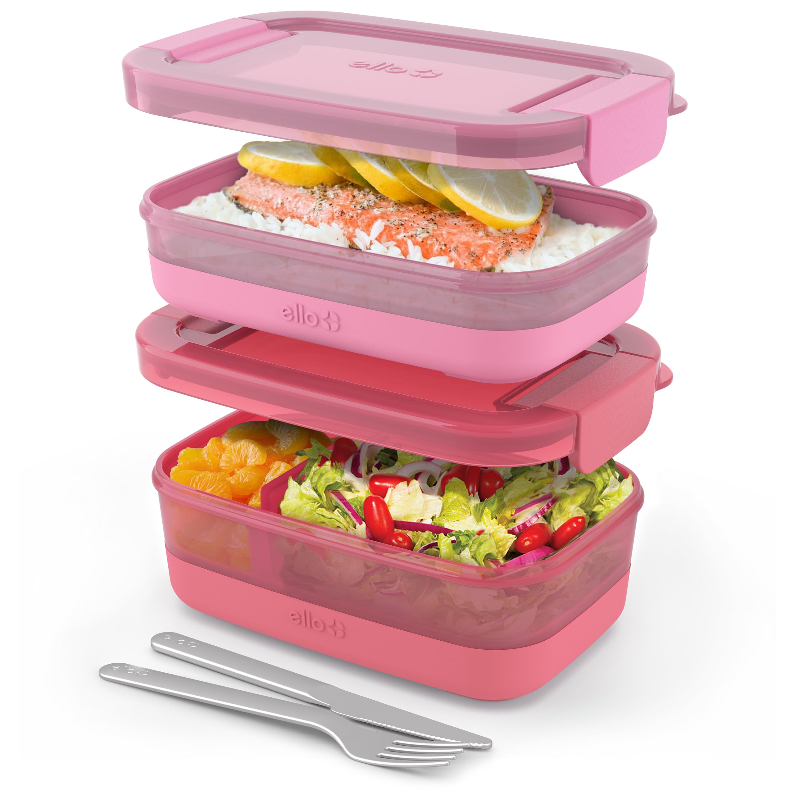 Ello 2-Pack Bento Box Food Storage Containers - Airtight Leak-Proof Plastic Lunch Box with Secure Locking Lids & Non-Slip Silicone Base, BPA-Free, Microwave/Dishwasher/Freezer Safe - Perfect for Meal Prep, School Lunches & Office Snacks