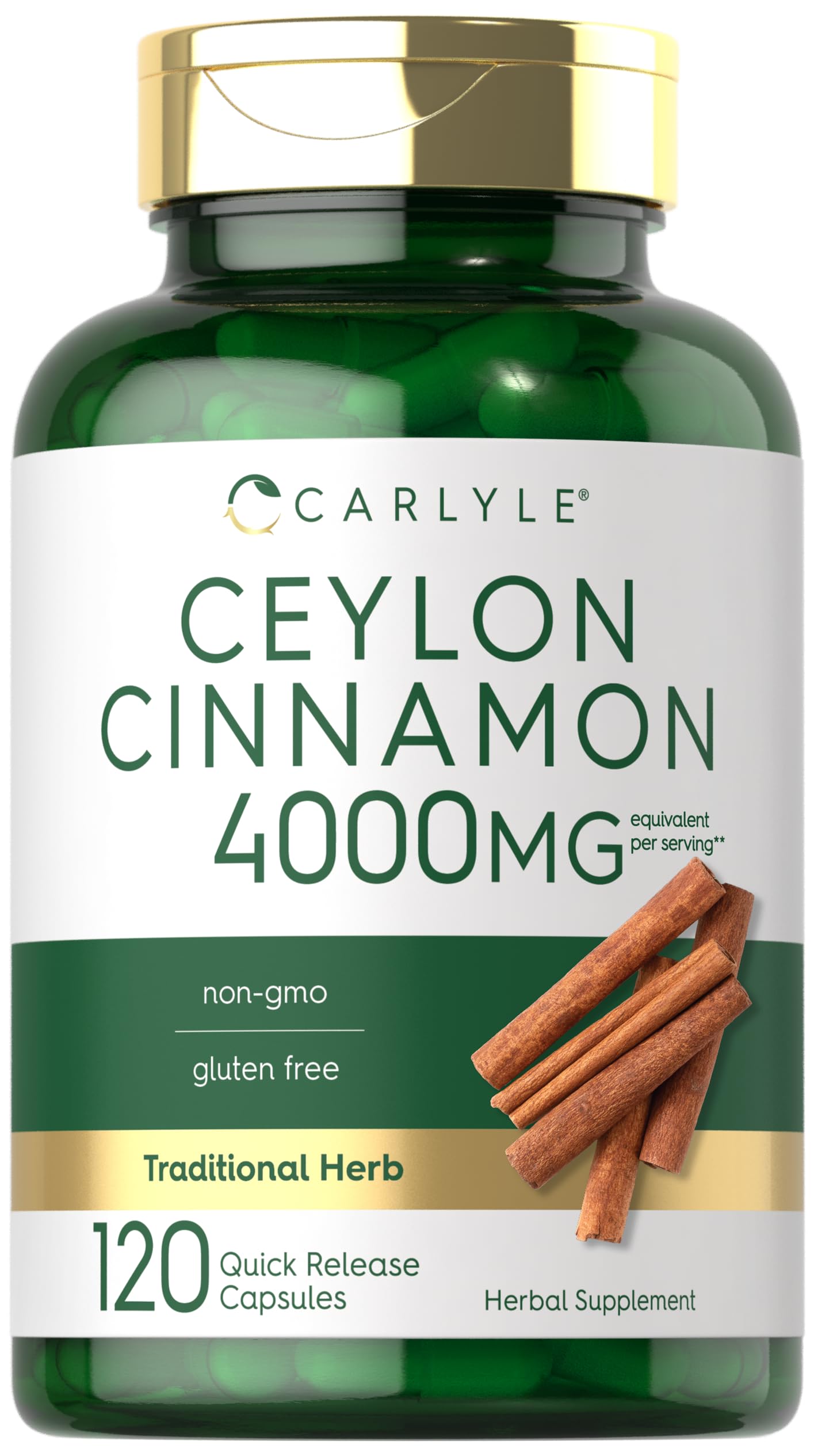Carlyle Ceylon Cinnamon 4000mg Capsules | 120 Count | Non-GMO, Gluten Free Dietary Supplement | Supports Blood Sugar & Heart Health | Perfect for Daily Wellness Routine