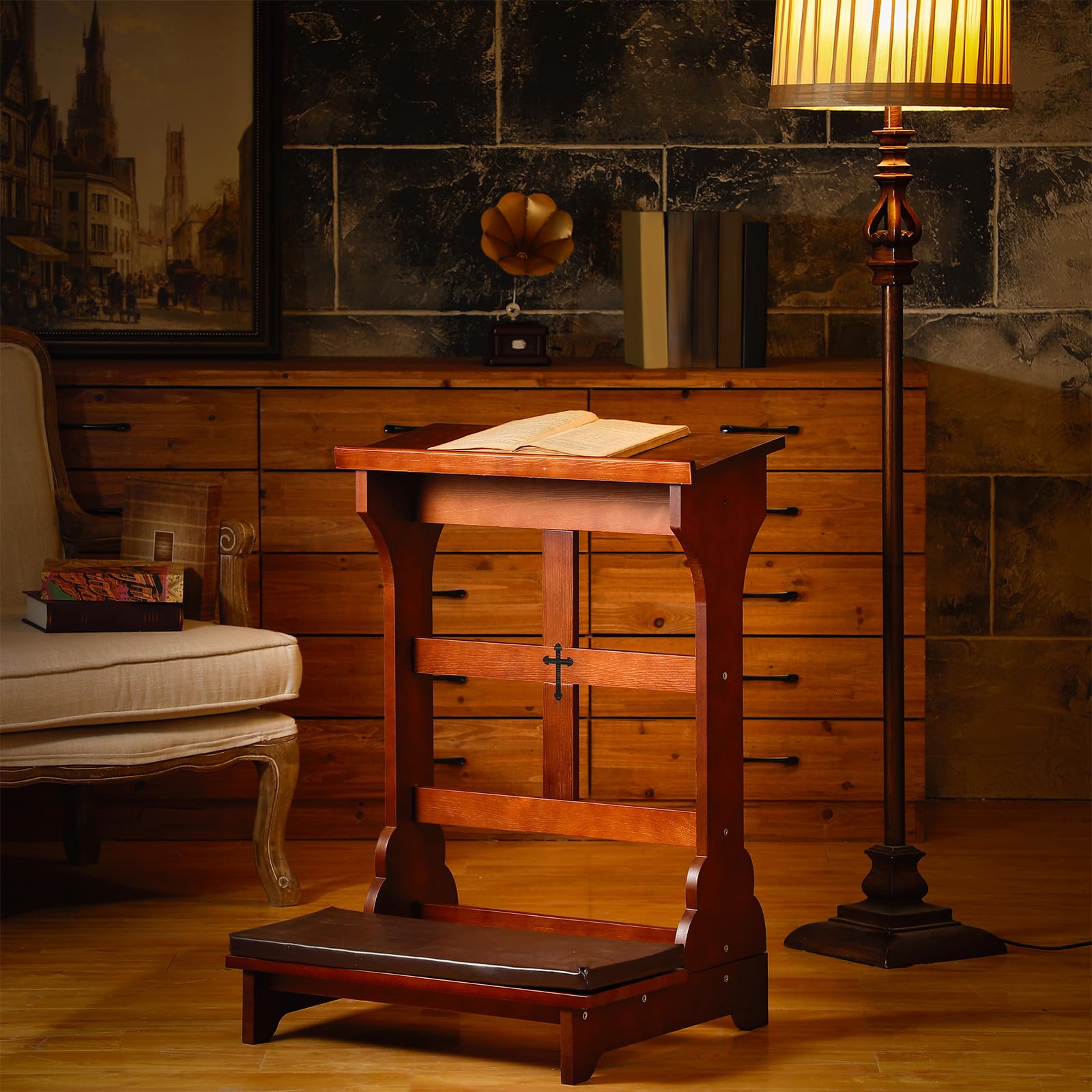Solid Wood Prayer Bench with Shelf & Cushion - 23x20x32 Inch Church Kneeling Stool for Home Worship - Religious Gift with Padded Kneeler - Perfect for Prayer Rooms, Meditation & Church Use (Simple Style)