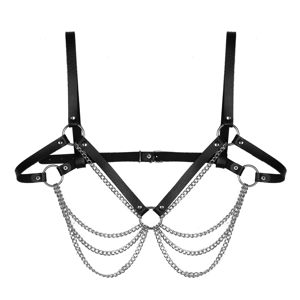 Punk Waist Belt Body Chain - PU Leather Chest Harness with Metal O-Rings & Tassel Chains - Gothic Fashion Accessory for Women - Perfect for Music Festivals, Rave Outfits & Edgy Street Style
