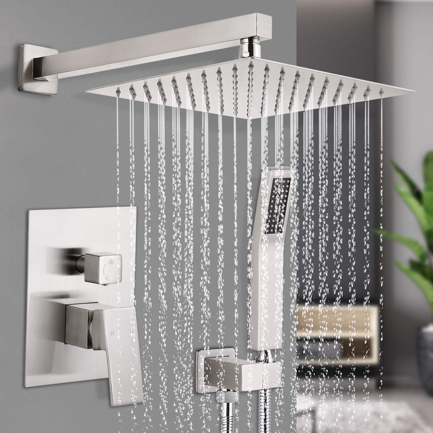 Qomolangma 12 Inch Rain Shower System - Wall Mounted Bathroom Shower Faucet Set with Pressure Balance Valve, 2-Function Shower Head (Rain & Handheld Spray) - Perfect for Modern Bathroom Renovation & Spa-Like Shower Experience