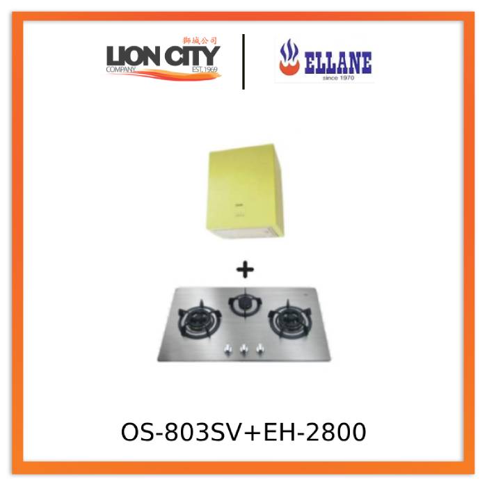 Ellane EH 2800 45cm Stainless Steel Range Hood with OS 803SV 86cm 3-Burner Gas Stove Combo - Black/Apple Green - Perfect for Modern Kitchens & Open-Concept Homes