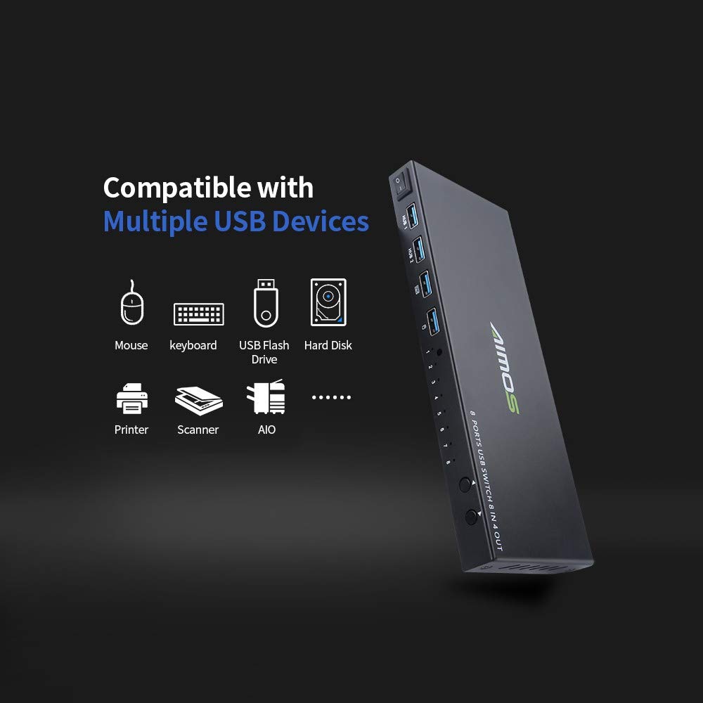 8-Port USB 2.0 Sharing Switch Box - 4 Input 8 Output USB Hub for Keyboard, Mouse, Printer & Flash Drive | Multi-Computer Peripheral Sharing Solution for Office & Home Workspace