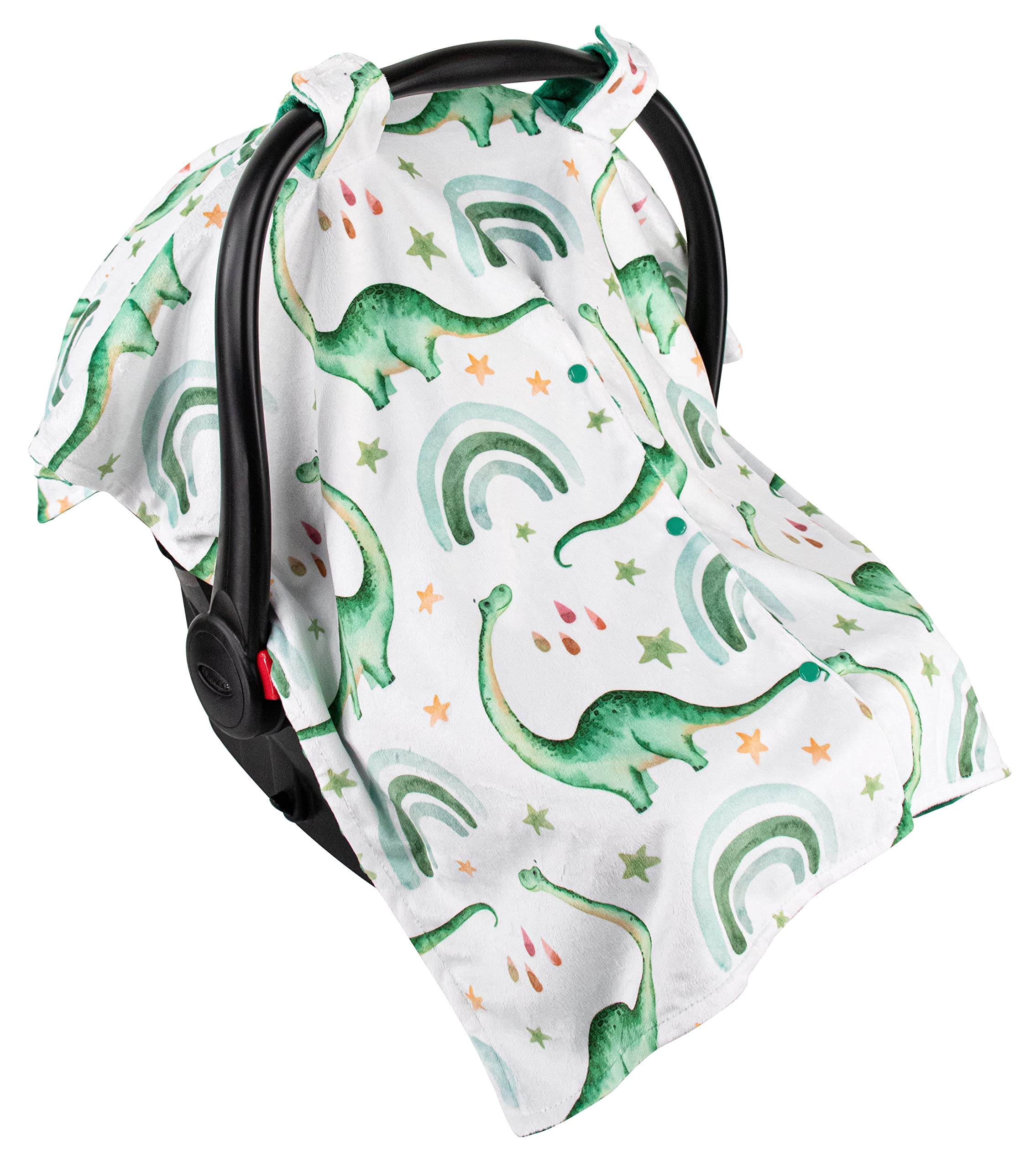 Top Tots Deluxe Minky Baby Car Seat Cover - Longneck Dinosaur Design, 40 x 29 Inch Green | Soft & Cozy Infant Car Seat Protector for Strollers & Shopping Carts | Perfect Gift for Newborns & Baby Showers