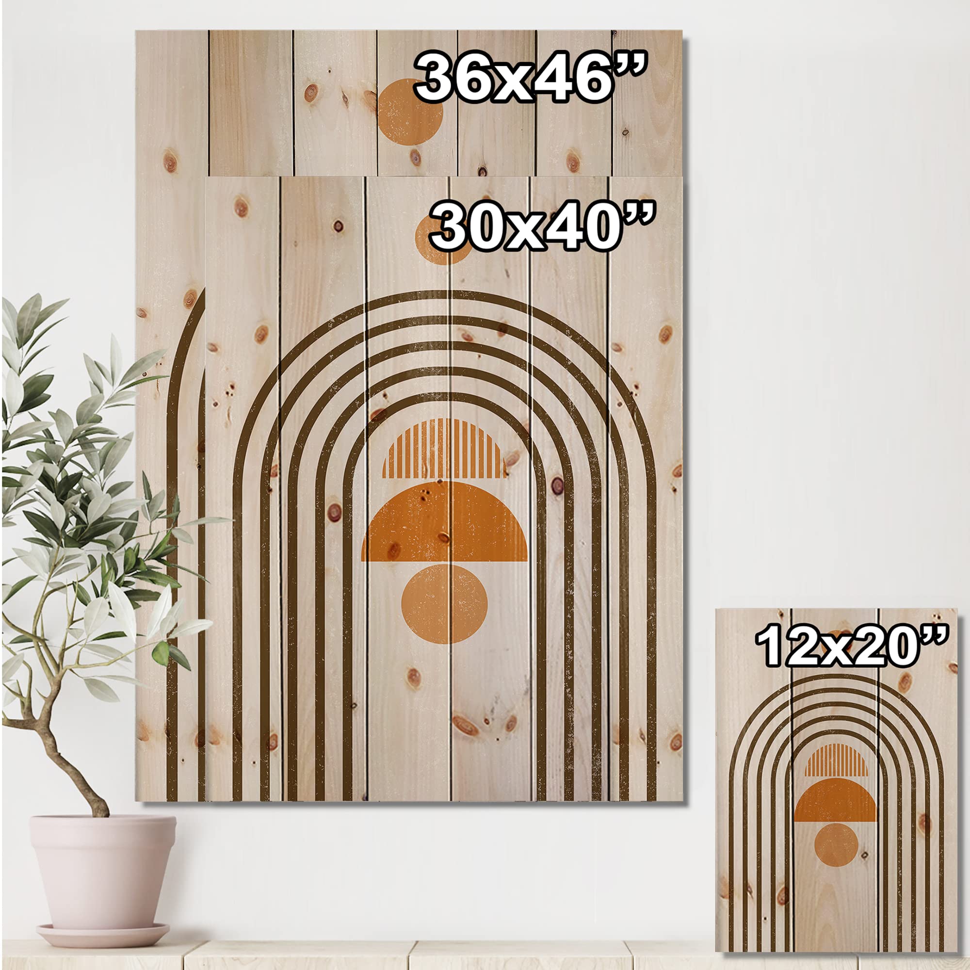 Abstract Rainbow Sun and Moon Wood Wall Art - Earth Tone Modern Geometric Wall Decor, Large Orange Pine Wood Panel for Living Room & Bedroom