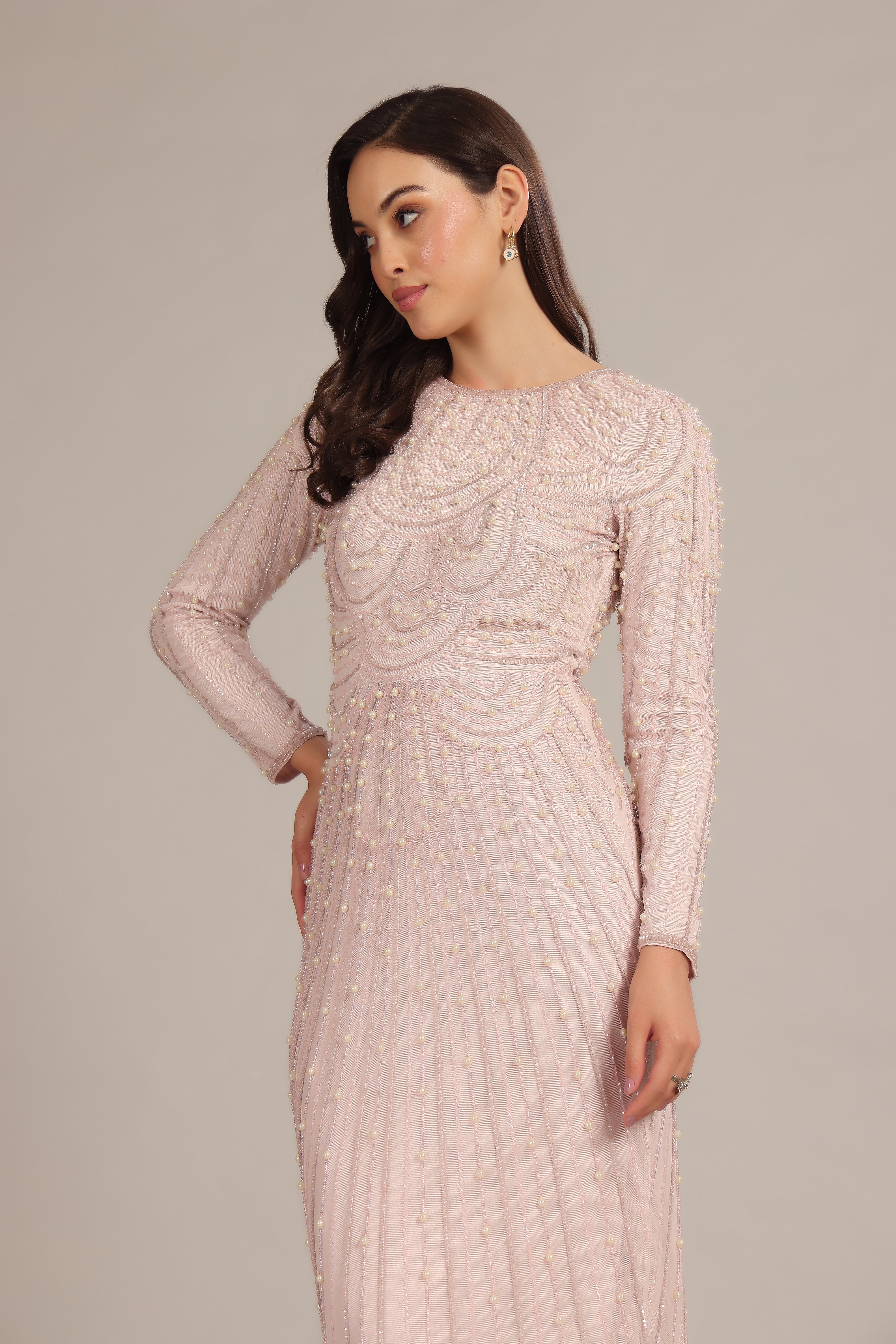 Powder Pink Mabel Embellished Maxi Dress for Women - Elegant Floral Lace Long Dress for Wedding, Party & Special Occasions