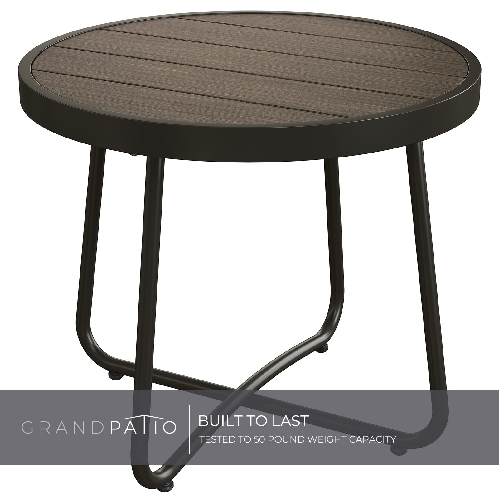 Outdoor Round Side Table with Imitation Wood Tabletop - Dark Grey Patio End Table for Garden, Deck, and Poolside Relaxation