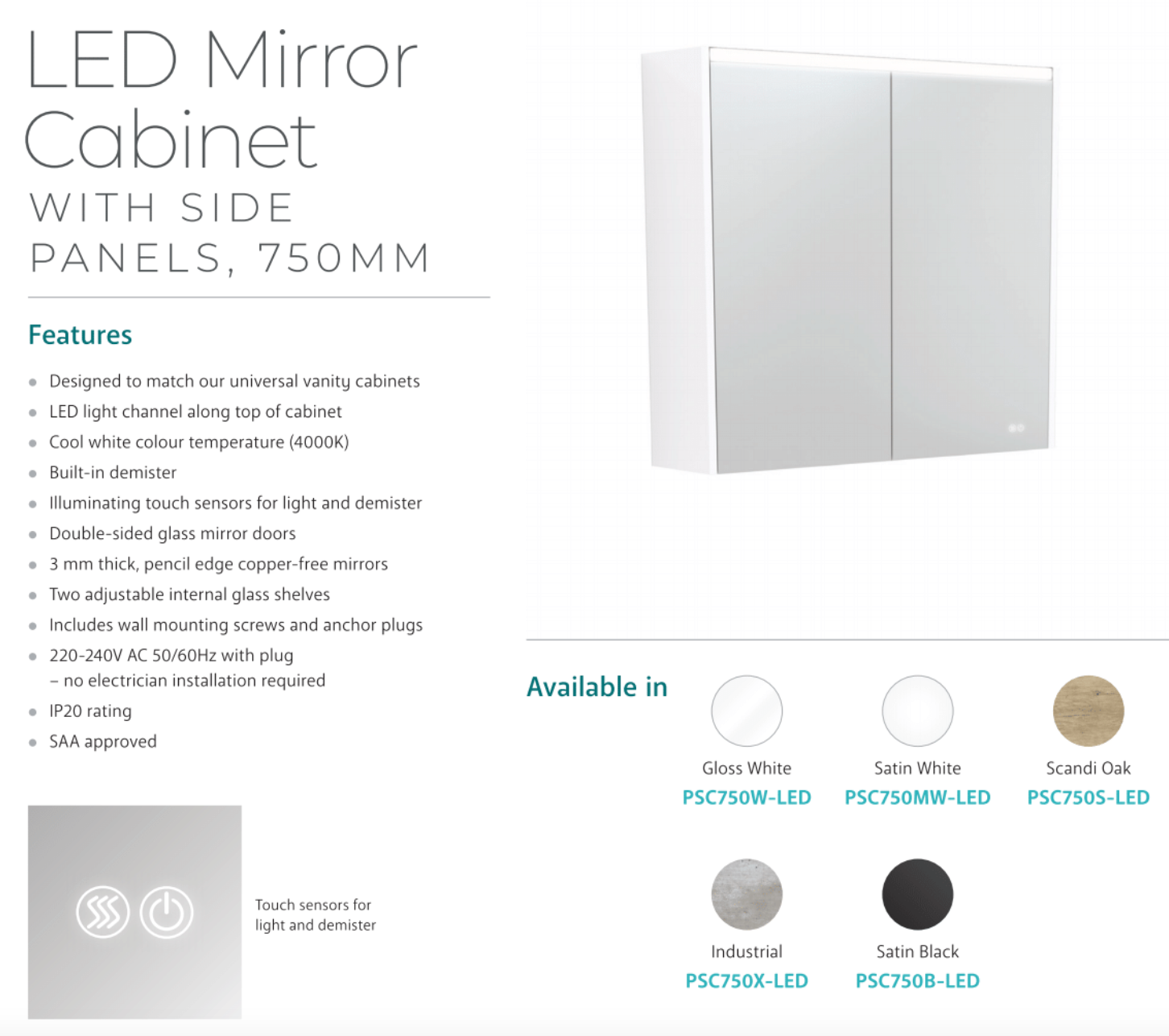 Fienza 750mm LED Mirror Cabinet with Touch Sensor - Satin White Bathroom Vanity for Modern Home & Spa Decor