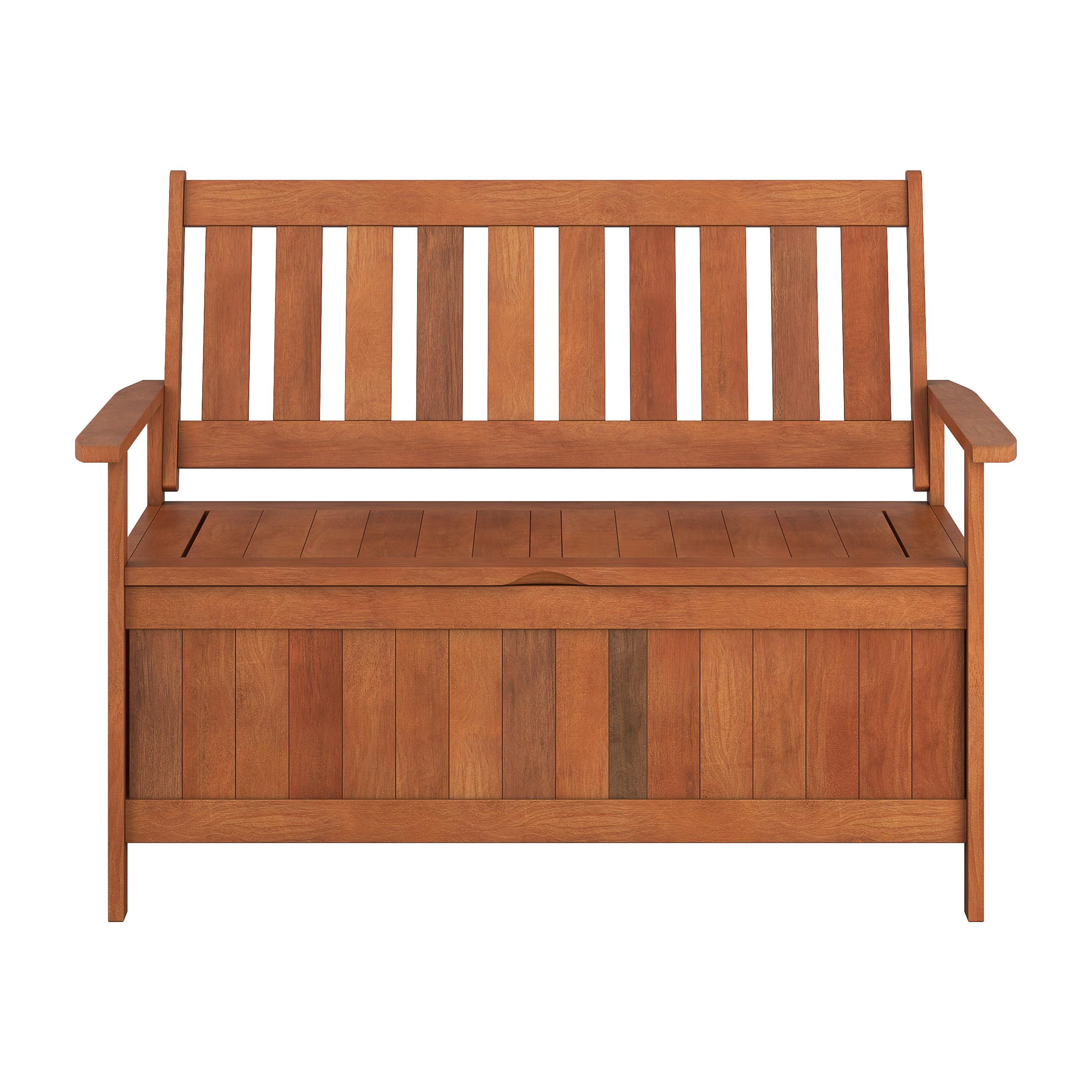 CorLiving Miramar Natural Brown Stained Hardwood Outdoor Storage Bench - Weatherproof Patio Furniture for Garden, Deck, Porch & Backyard Seating with Storage