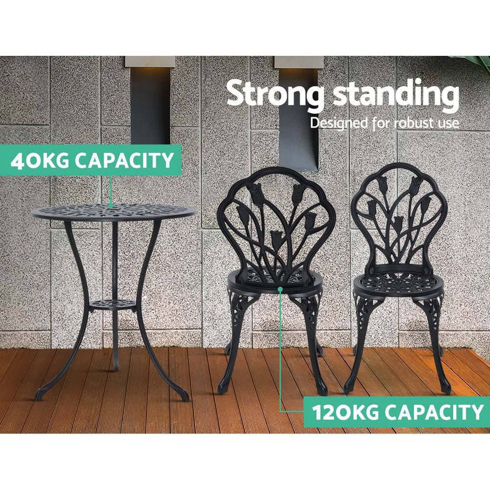 3-Piece Outdoor Bistro Set - Cast Aluminum Patio Table & Chairs in Tulip Black - Perfect for Garden, Balcony, and Small Space Dining