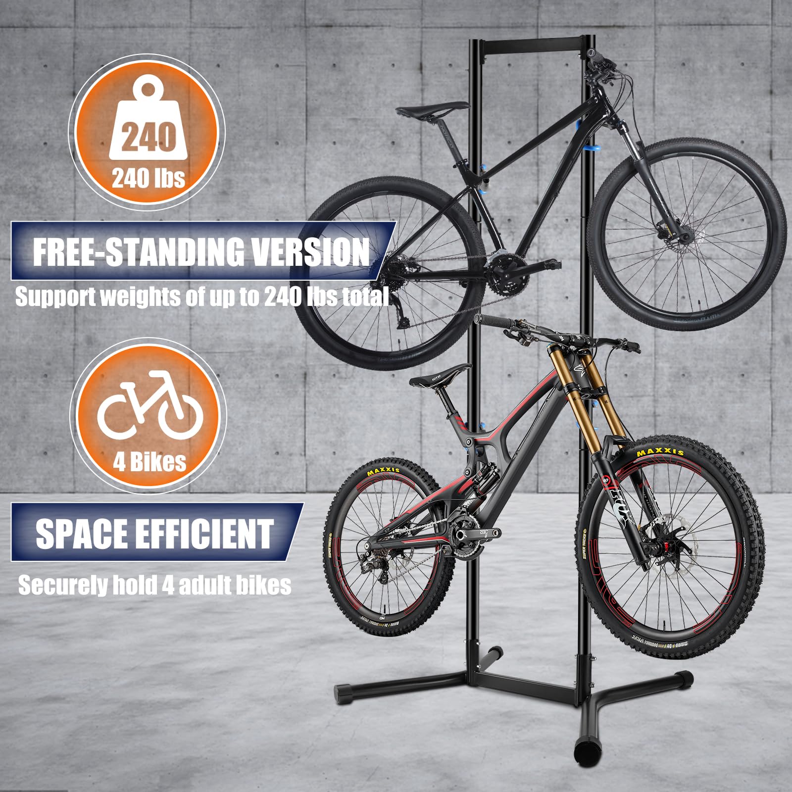 Hutigertech Freestanding Gravity Bike Storage Rack - Heavy Duty 240lbs Capacity, Adjustable Arms Holds 4 Bikes - Space Saving Vertical Stand for MTB, Road Bikes - Perfect for Garage, Basement & Indoor Bike Organization