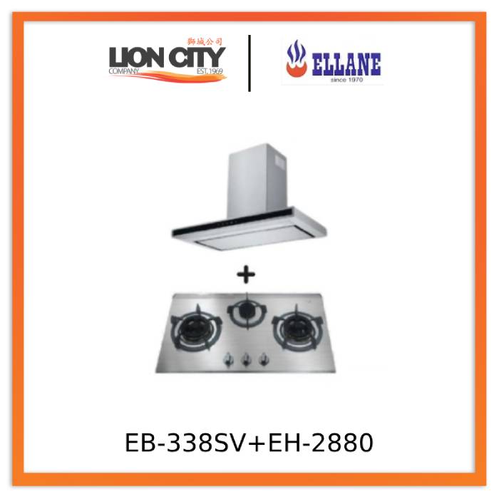 Ellane EH 2880 90cm Touch Control Stainless Steel Range Hood & Ellane EB 338SV 76cm 3-Burner Stainless Steel Gas Cooktop - Modern Kitchen Ventilation and Cooking Solution for Home Chefs