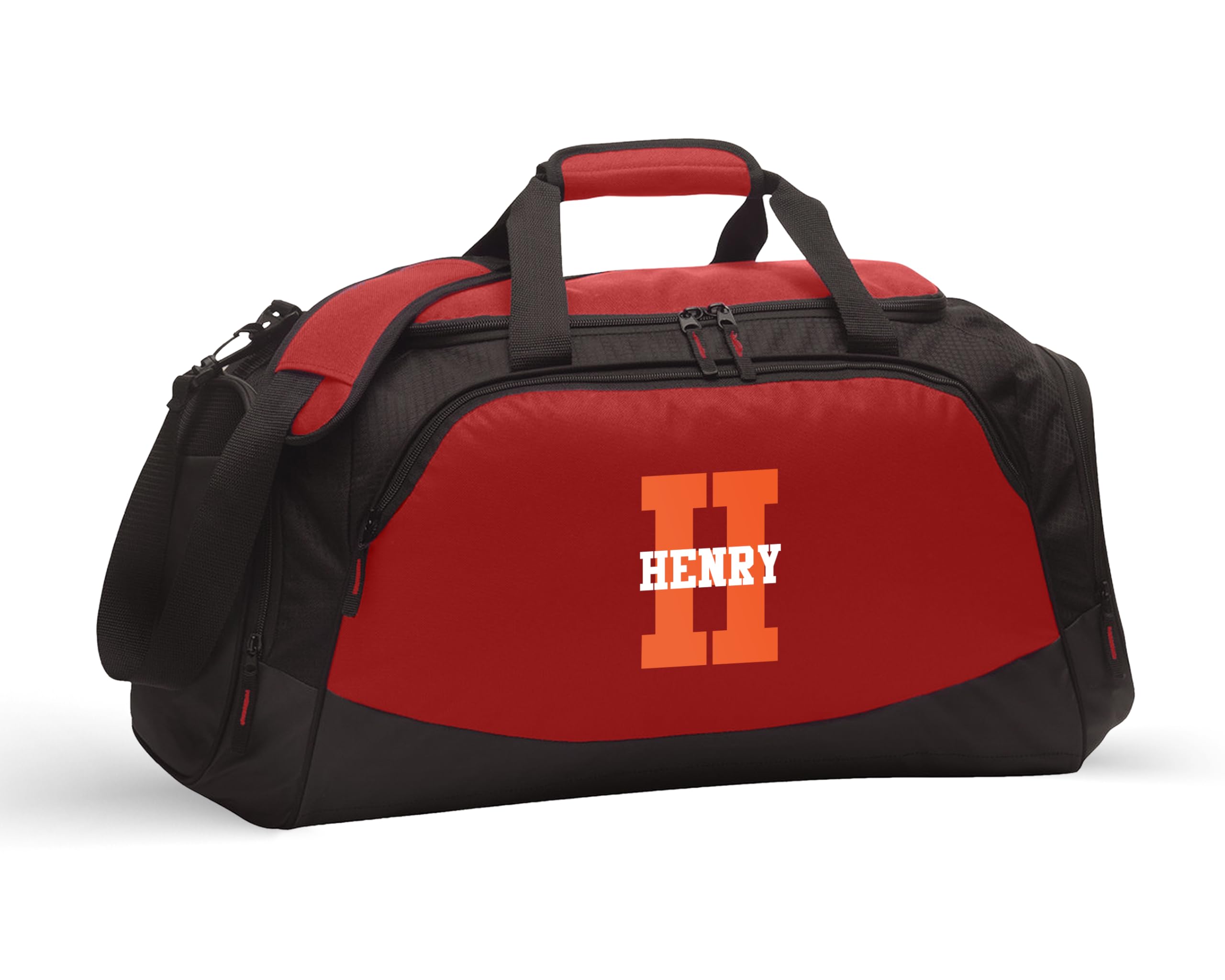 Personalized Monogram Gym Bag for Men & Kids - Medium Duffle Travel Bag with Shoe Compartment | Athletic Sports Weekender Overnight Bag for Workout, Gym, Travel & School (Red/Black, Block Font)