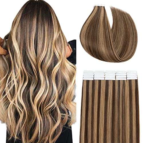 Premium 18Inch 40Pcs 100g Tape in Hair Extensions - 100% Human Remy Hair, Straight, Balayage Medium Brown to Dark Blonde (#4/27) - Seamless, Natural-Looking Hair Extensions for Women - Perfect for Daily Wear, Special Occasions & Volume Boosting