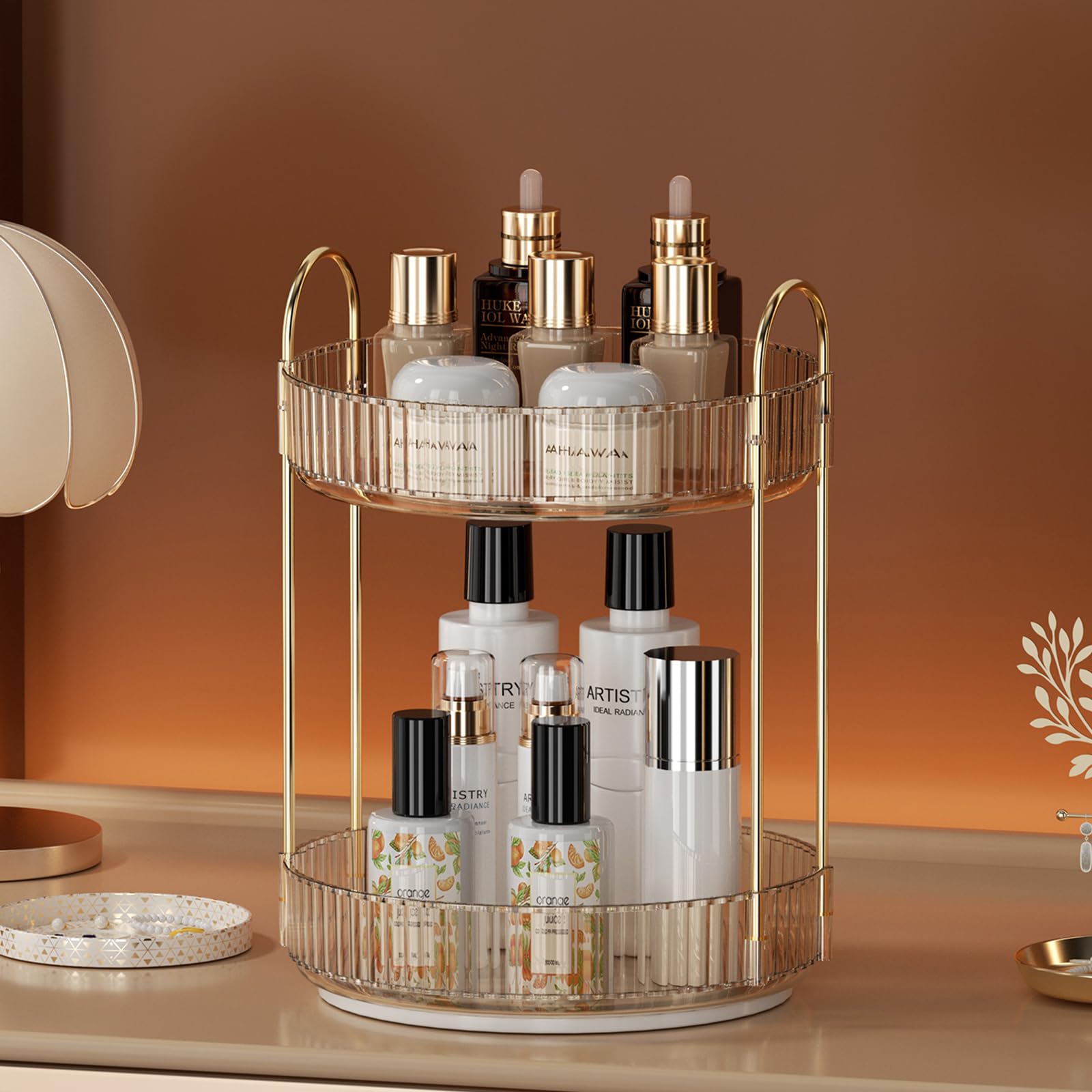 2-Tier Rotating Makeup Organizer - Spinning Cosmetic Storage for Vanity & Bathroom Countertop - Skincare Holder for Facial Cream, Perfume, Lotion, Lipstick (Amber) - Perfect for Beauty Routine & Clutter-Free Organization
