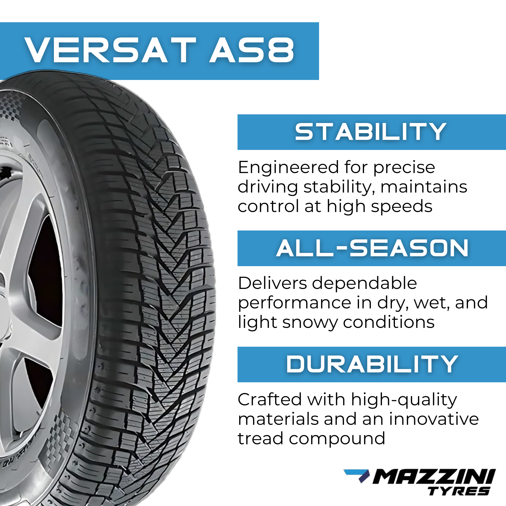 Mazzini Versat AS8 175/65R15 84H All-Season Tire - High Performance for Sedans & Compact Cars - Perfect for Daily Commuting & Highway Driving