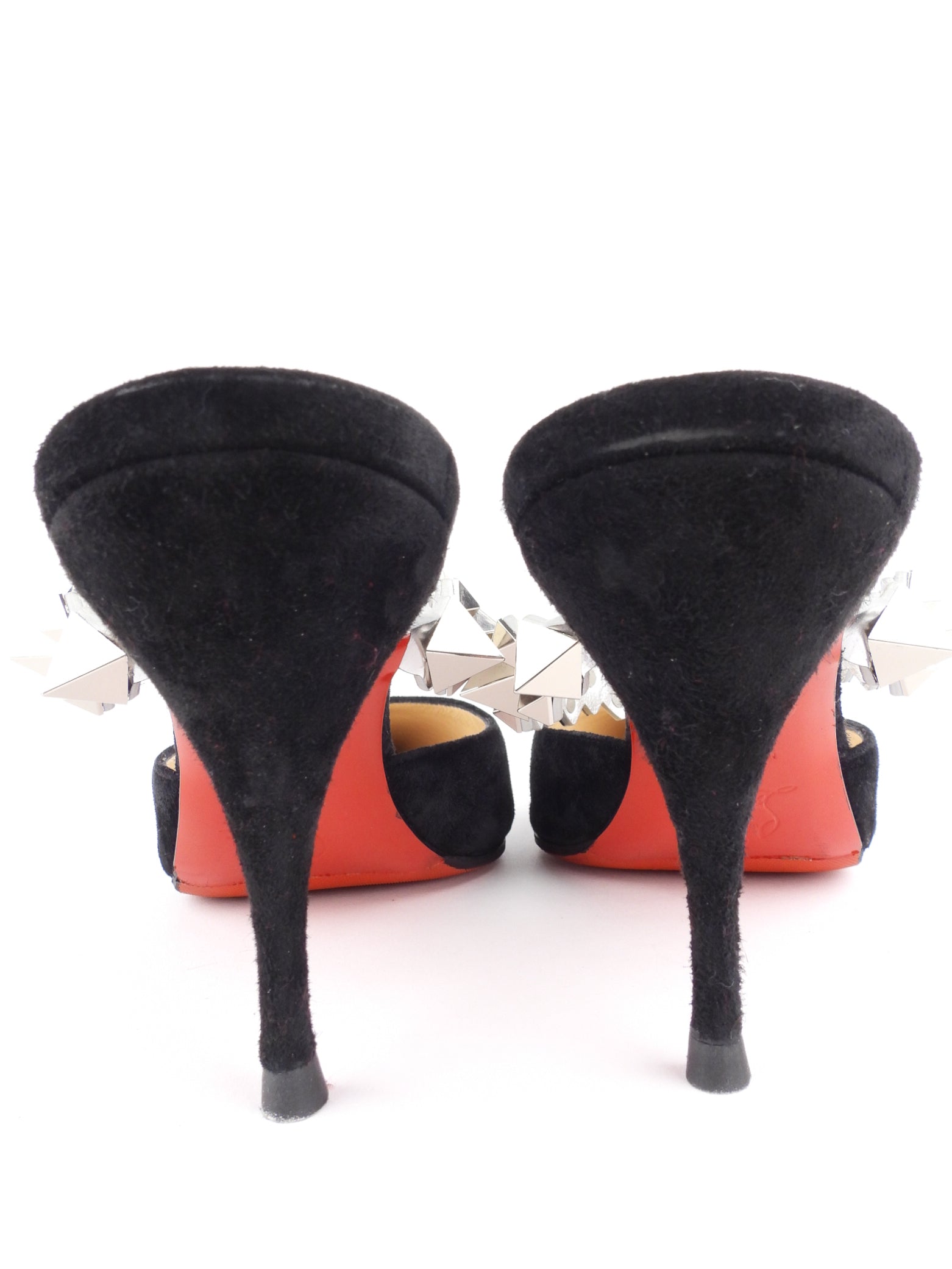 Christian Louboutin Black Suede Leather Spikey Strap Planet Choc 80 Mule - Women's Luxury High Heel Sandals for Evening Parties & Special Occasions