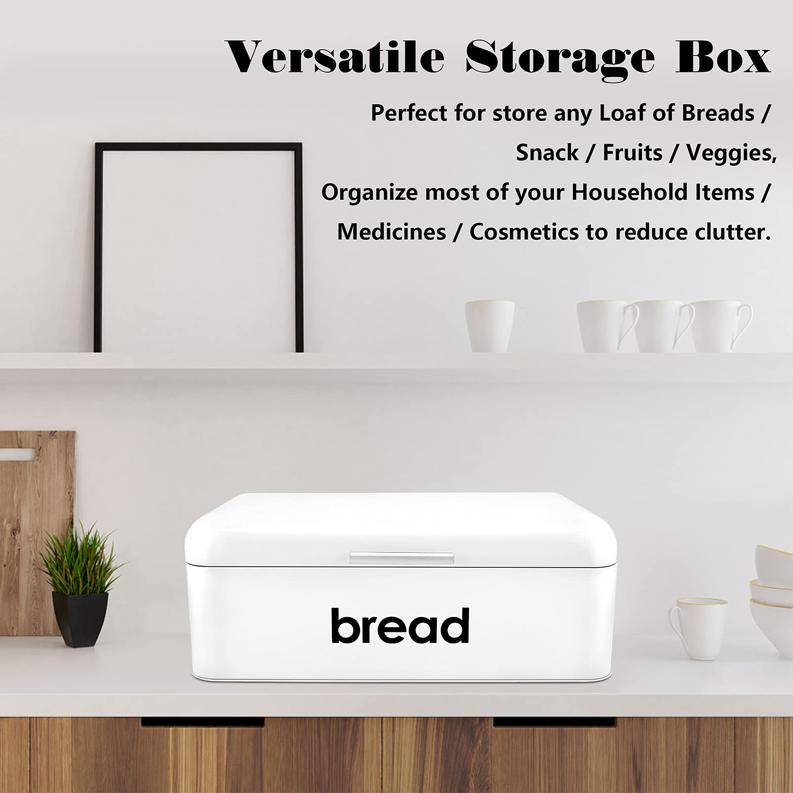 White Metal Bread Box for Kitchen Countertop - Large Capacity Food Storage Container for Bread Loaves & Pastries - Modern Design with Lifted Cover (16.5x9x6.3 inches) - Perfect for Home, Bakery & Restaurant Use