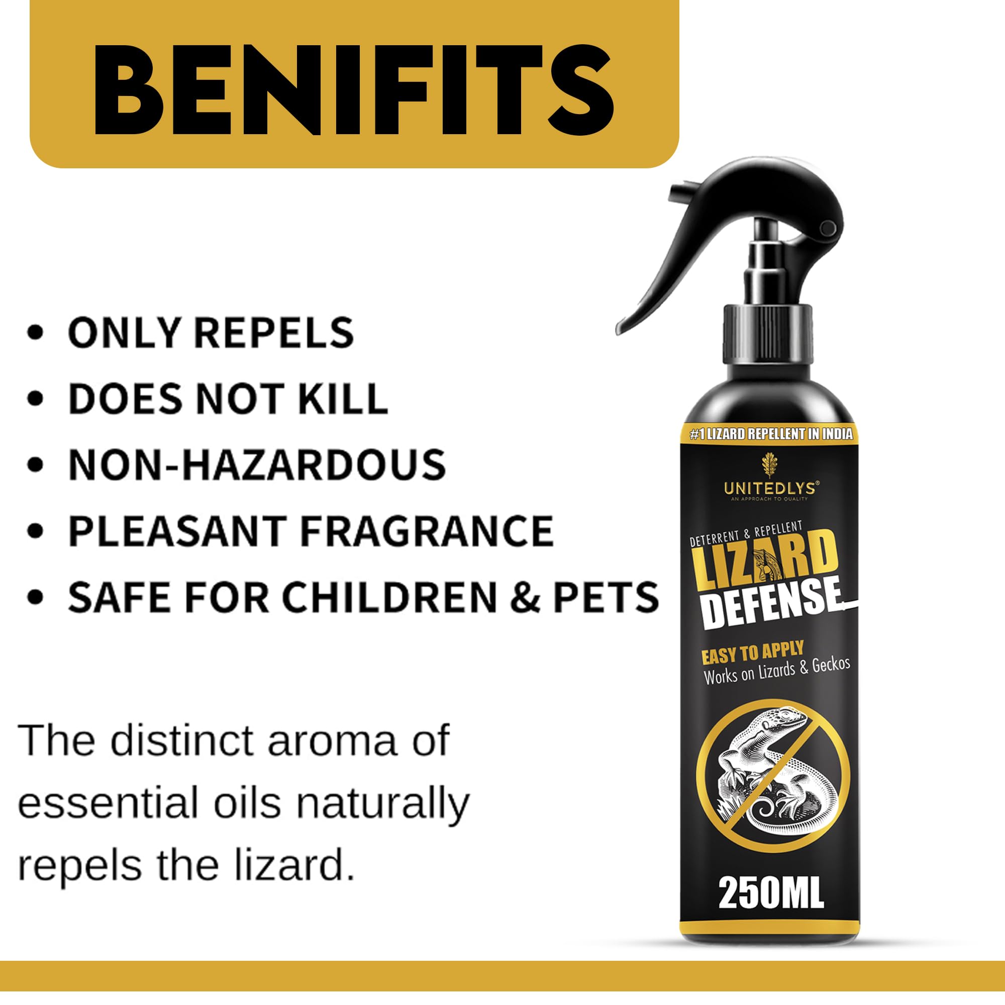 Unitedlys 100% Natural Herbal Lizard Repellent Spray - 250ml | Chemical-Free, Aerosol-Based Home Protection | Safe, Odorless & Eco-Friendly Solution | Biodegradable & Long-Lasting | Perfect for Indoor Use in Kitchens, Bedrooms & Living Areas
