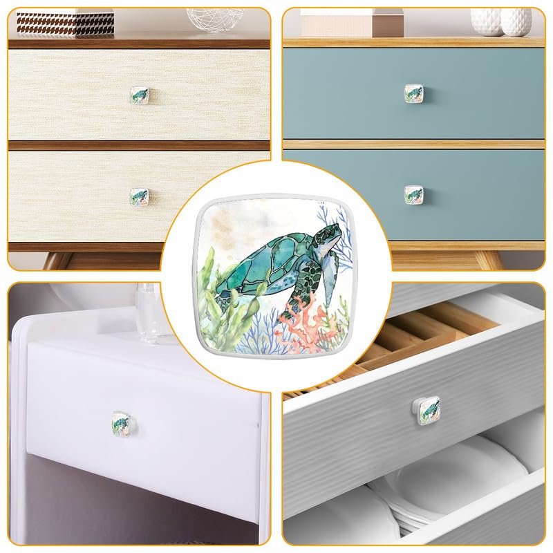 LORVIES 4 Pack Ocean Cabinet Knobs - ABS Glass Square White for Home & Kitchen (Sea Turtle) - Perfect for Dressers & Closets