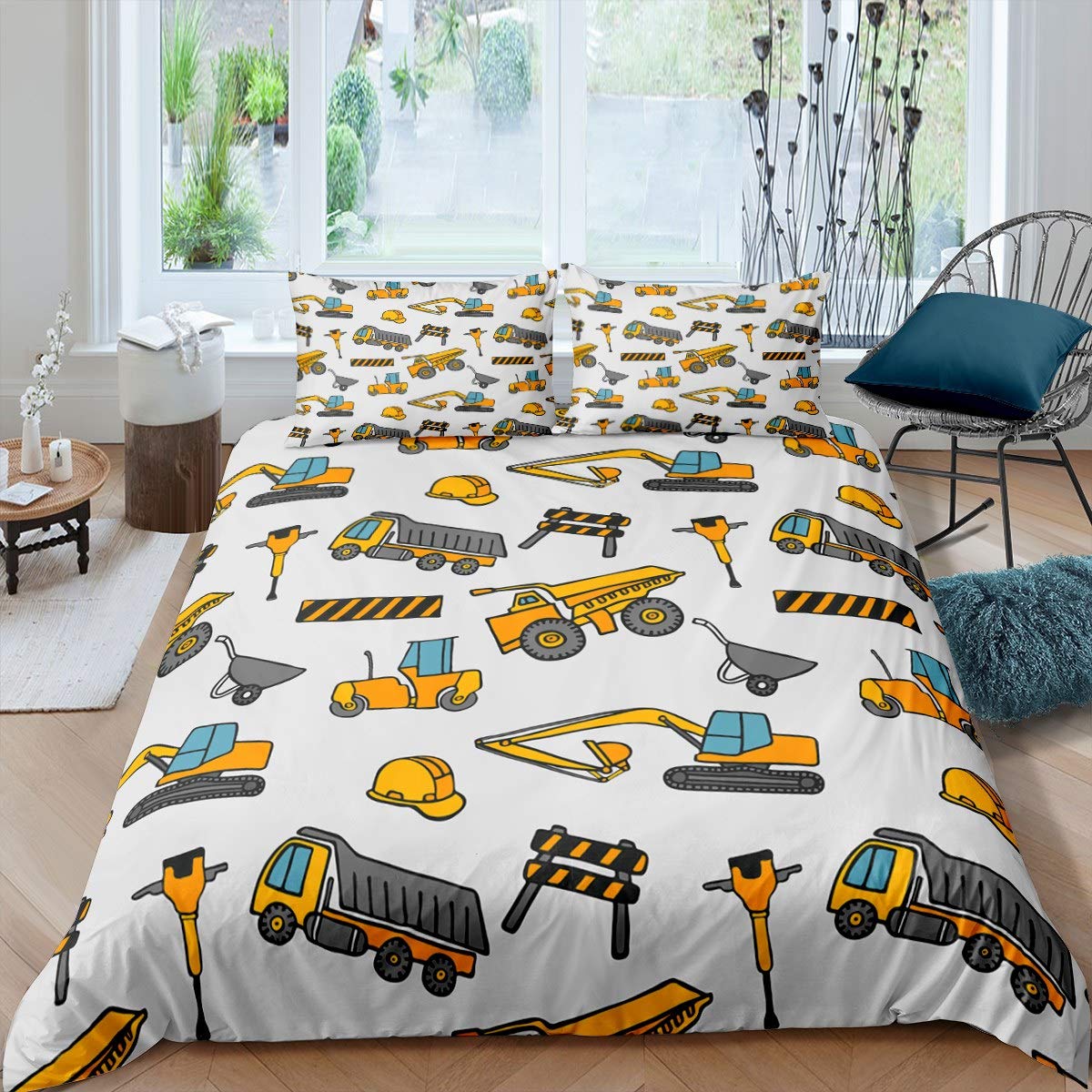 Kids Construction Vehicle Bedding Set - Cartoon Excavator & Truck Print Comforter Cover for Boys & Girls | Durable Queen Size Duvet Cover with Bulldozer & Crane Designs | Perfect for Teen Room Decor & Construction-Themed Bedrooms