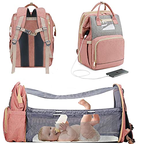 3-in-1 Foldable Baby Changing Backpack with USB Port & Waterproof Pad - Portable Travel Diaper Bag Convertible to Crib - Pink Infant Sleeper for On-the-Go Parents, Airplane Travel & Outdoor Adventures