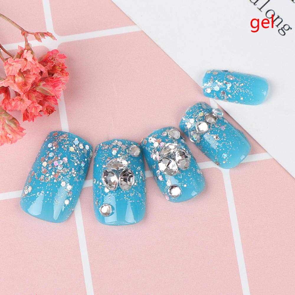 HUJL False Nails - Short Rhinestone Wedding Fake Nails for Bride, 3D Copper Blue Artificial Nail Tips with Full Wrap Design | Perfect for Bridal Showers, Weddings, and Special Occasions