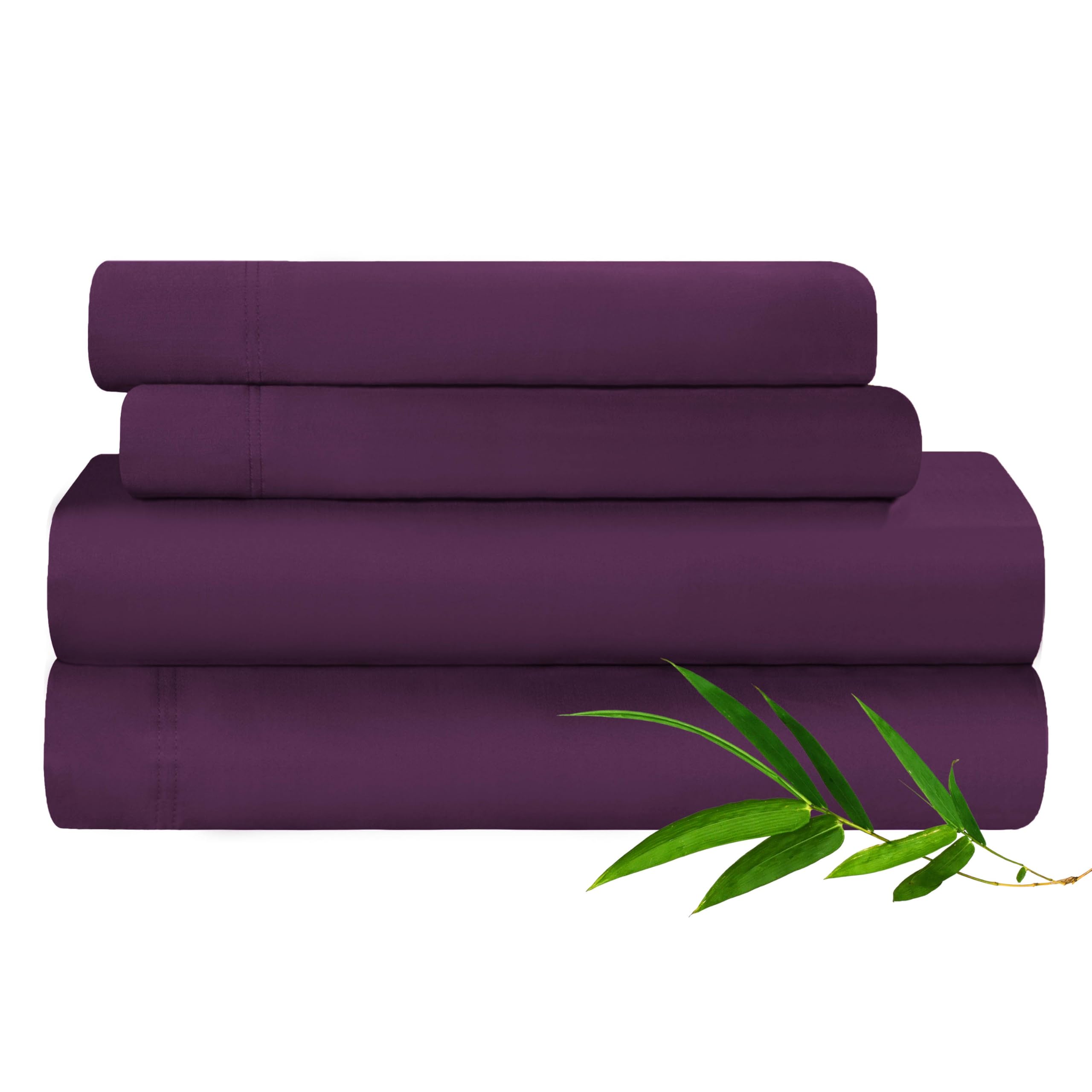 Premium 300-Thread Count Bamboo Rayon Bed Sheet Set - King Size Deep Pocket Fitted Sheet + Flat Sheet + 2 Pillowcases - Ultra Soft Sateen Weave Luxury Bedding in Purple - Perfect for Master Bedroom, Guest Room & Hotel Style Comfort