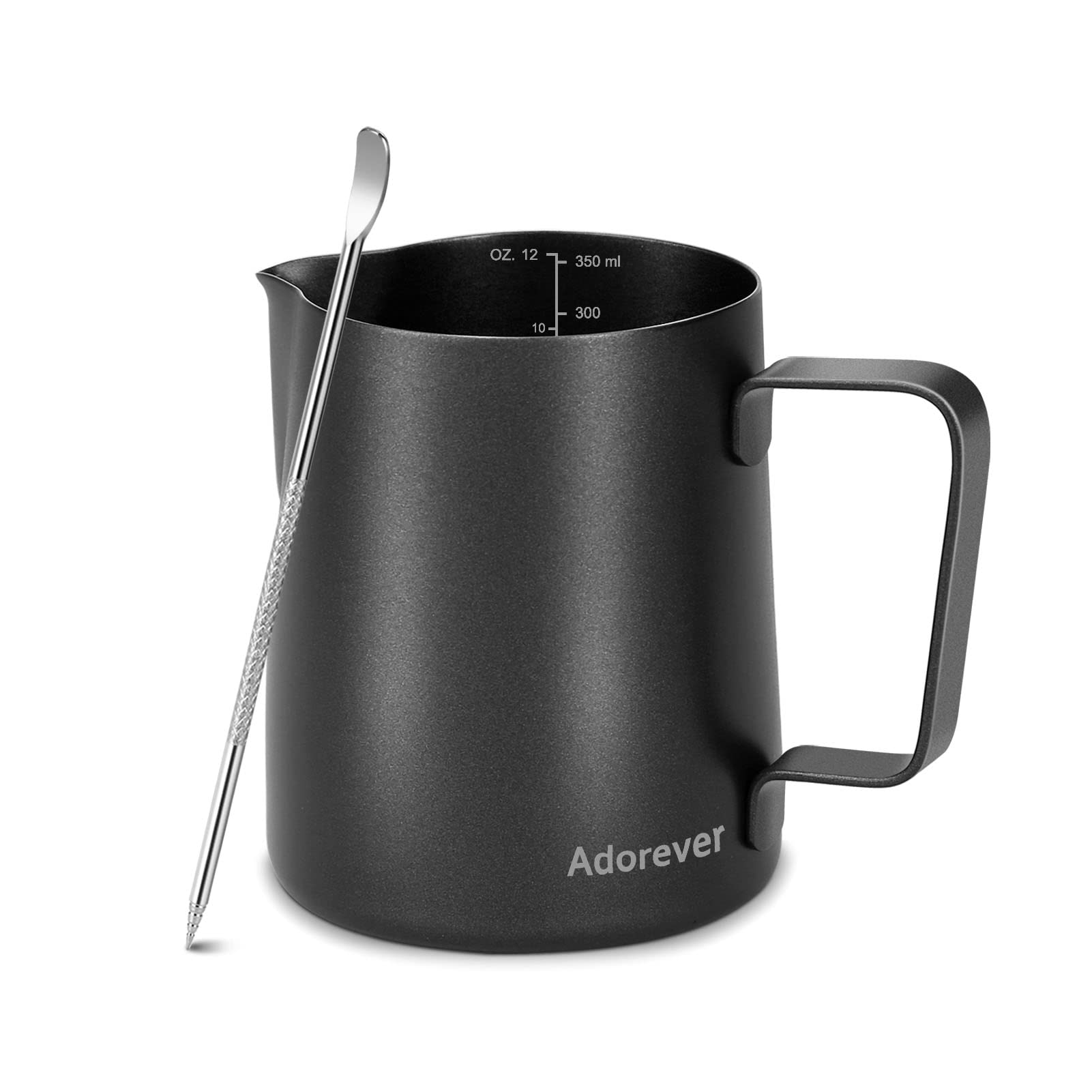 Professional 350ml/12oz Stainless Steel Milk Frothing Pitcher for Latte Art - Barista Steaming Jug with Matte Black Finish & Decorating Pen - Perfect for Cappuccino, Coffee, and Home Barista Use
