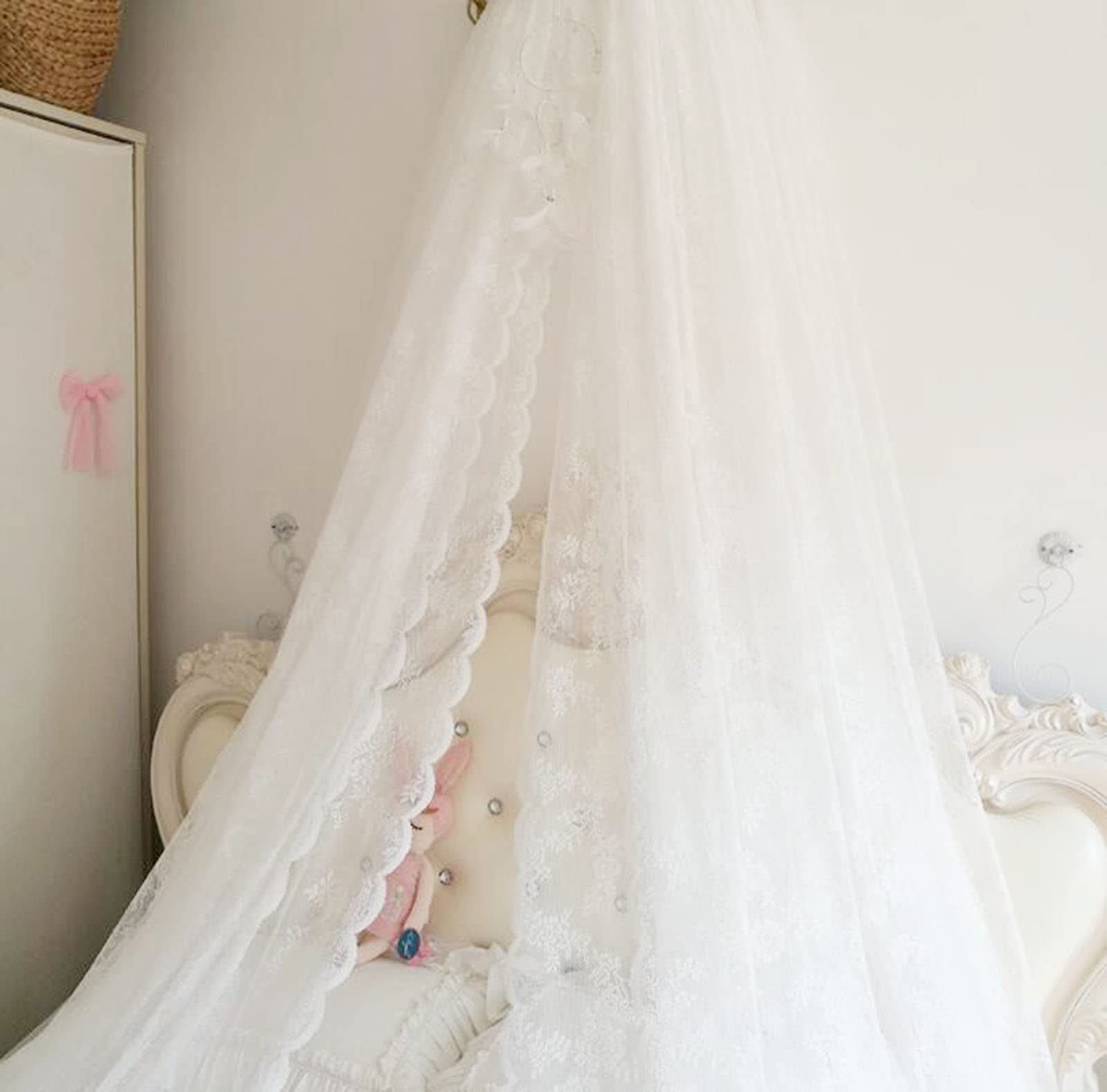 Elegant Princess Lace Bed Canopy with Gold Metal Crown - Floral Sheer Curtain for King/Queen/Full Size Beds (White) | Perfect for Girls' Bedroom, Wedding Decor & Nursery Room