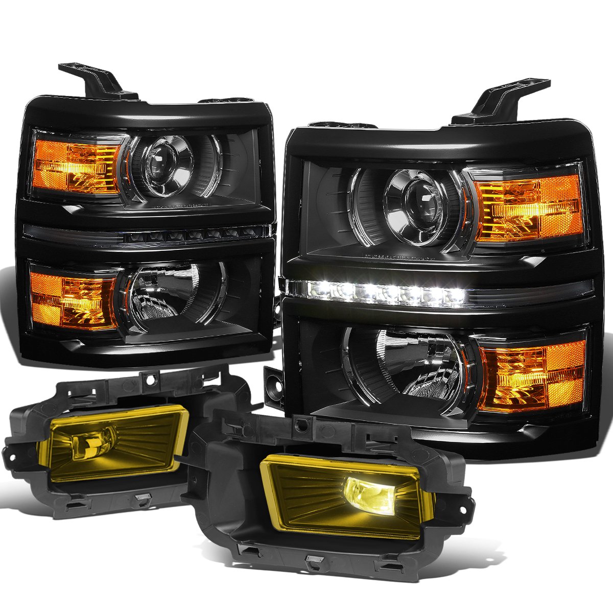 Auto Dynasty Compatible with Chevy Silverado 1500 Black Amber Corner DRL Projector Headlight & Amber Lens Fog Light Kit with Switch - Upgrade Lighting for Off-Road & Night Driving